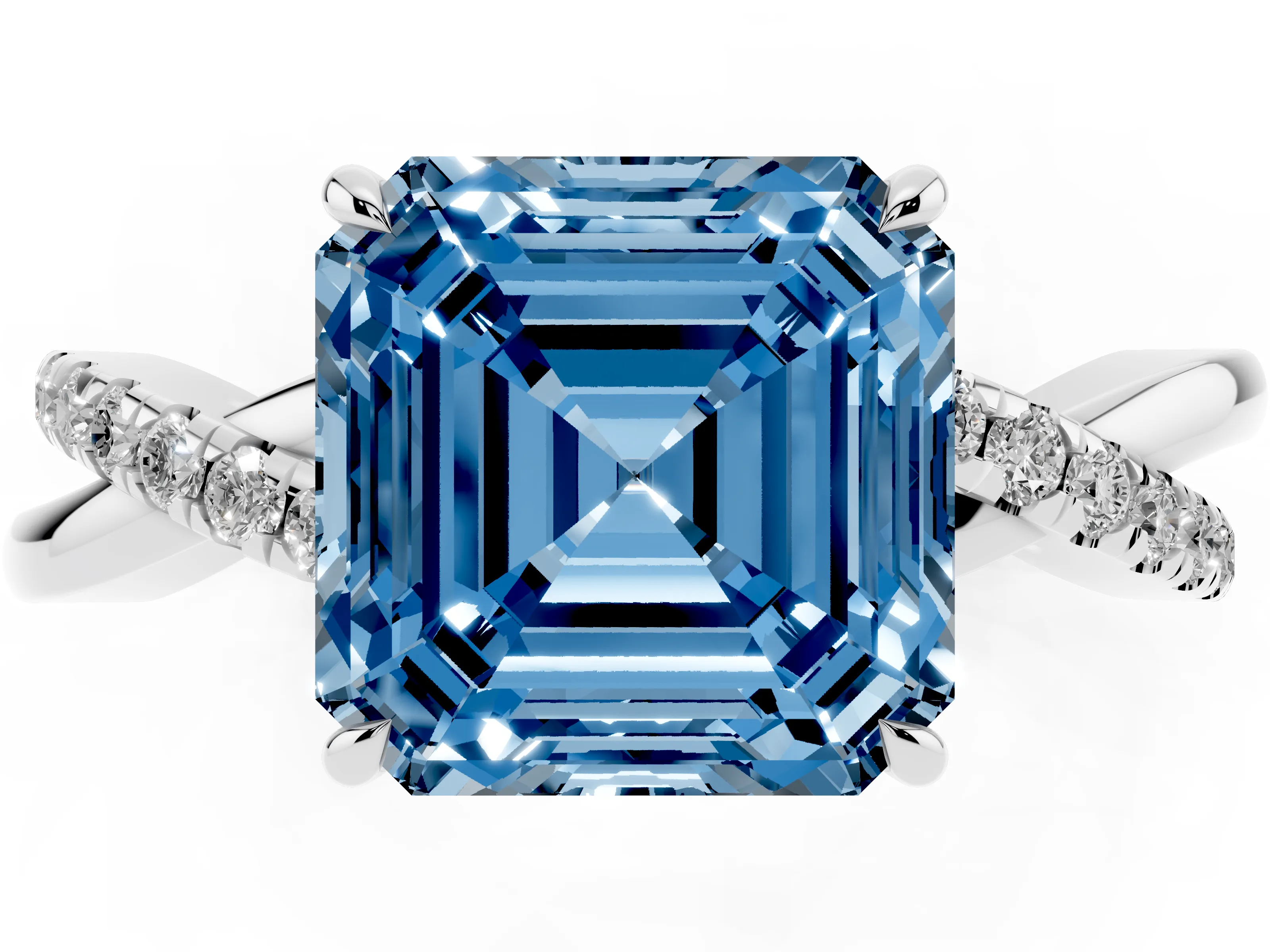 Fancy Blue Asscher Cut Diamond Twisted Pavé Band Ring Set in Silver with Prong Setting