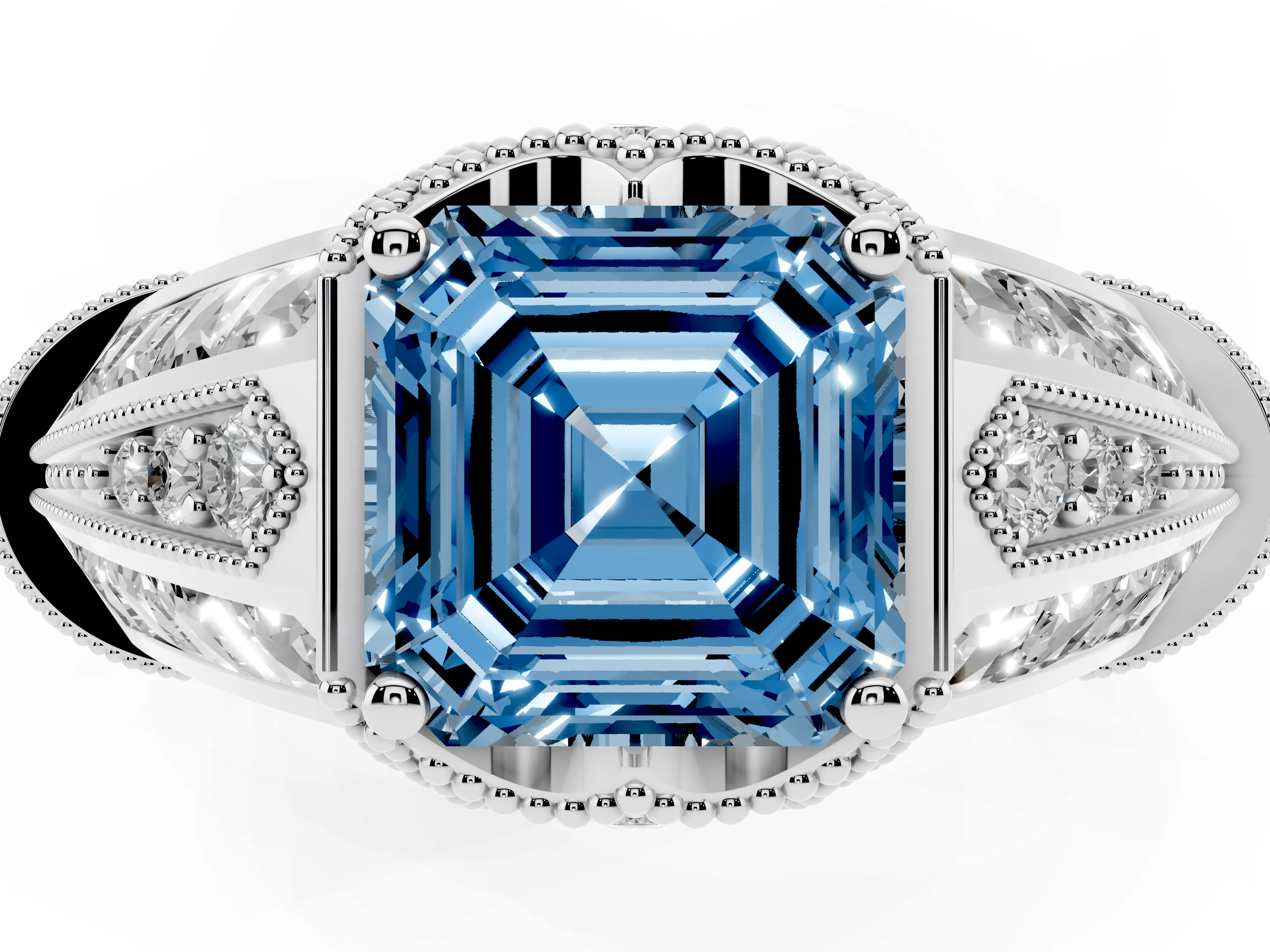 Fancy Blue Asscher Cut Diamond Vintage-Inspired Milgrain Ring Set in Platinum with Accent Split Shank