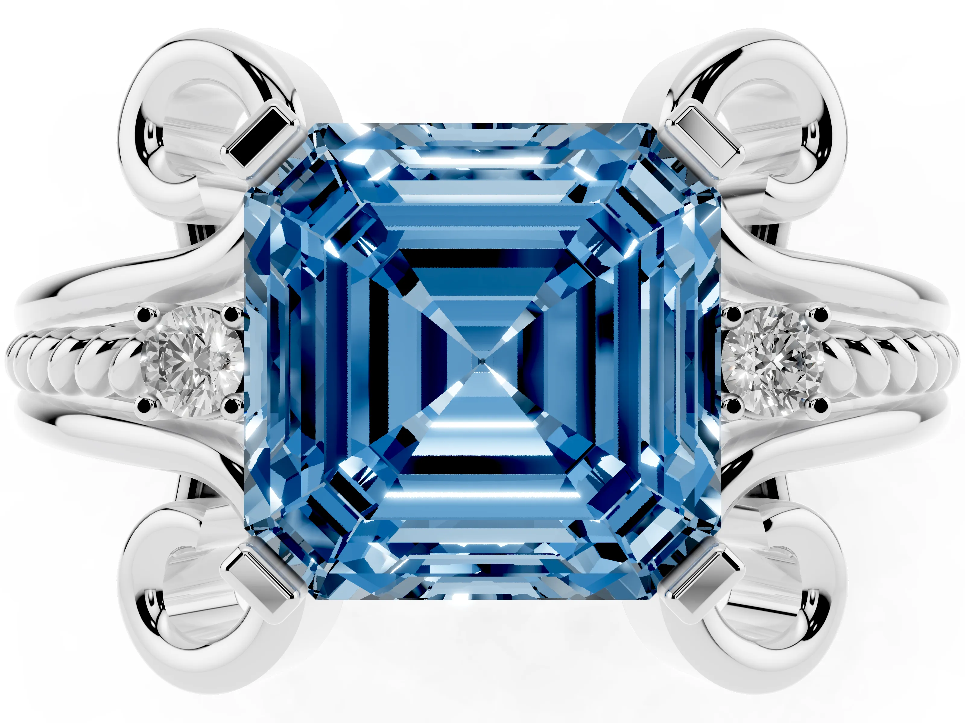 Fancy Blue Asscher Cut Diamond Twisted Band Solitaire Ring Set in White gold with Scroll Prongs