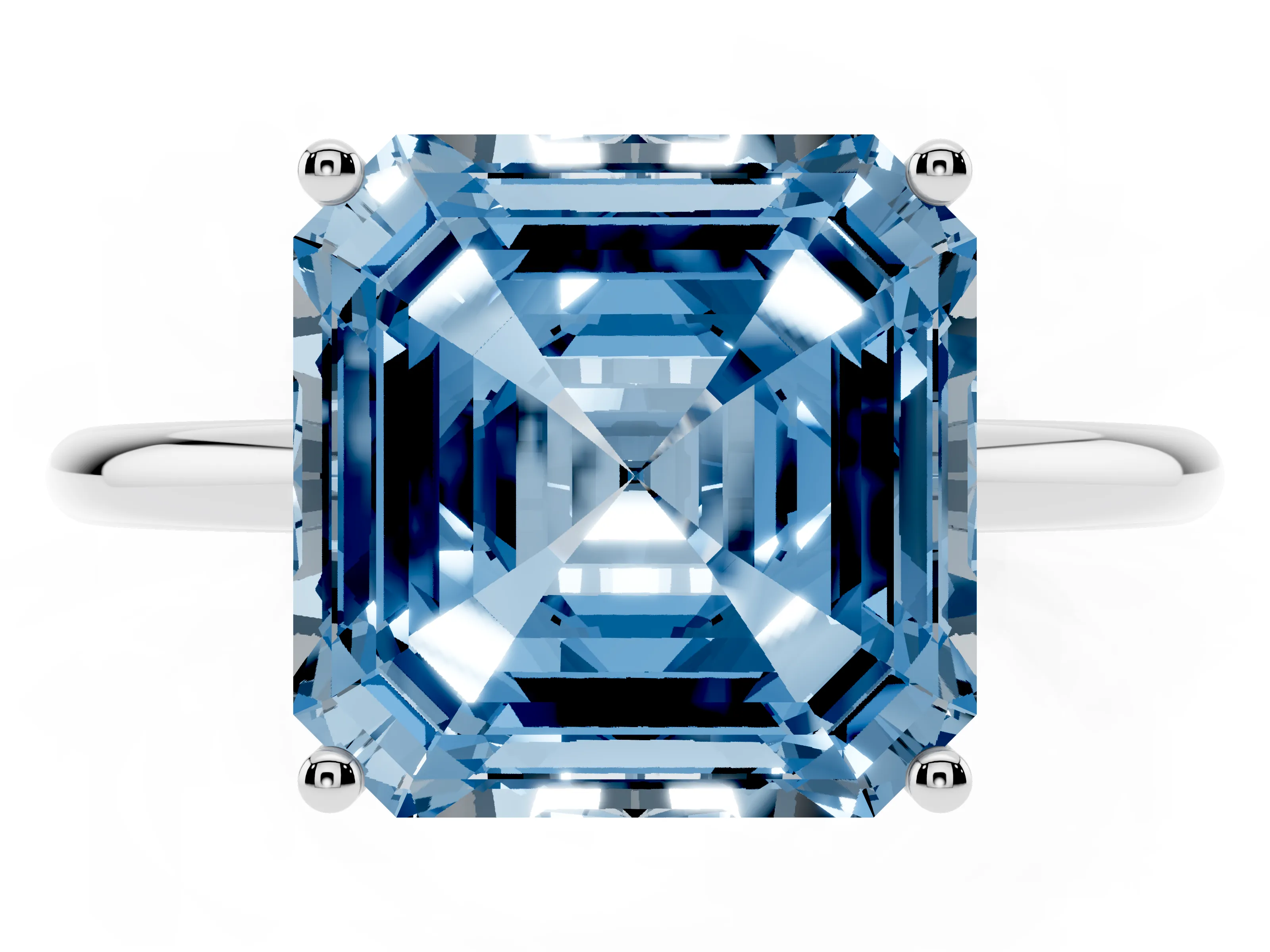 Fancy Blue Asscher Cut Diamond Solitaire Engagement Ring Set in Platinum with Thin Band and Prong Setting