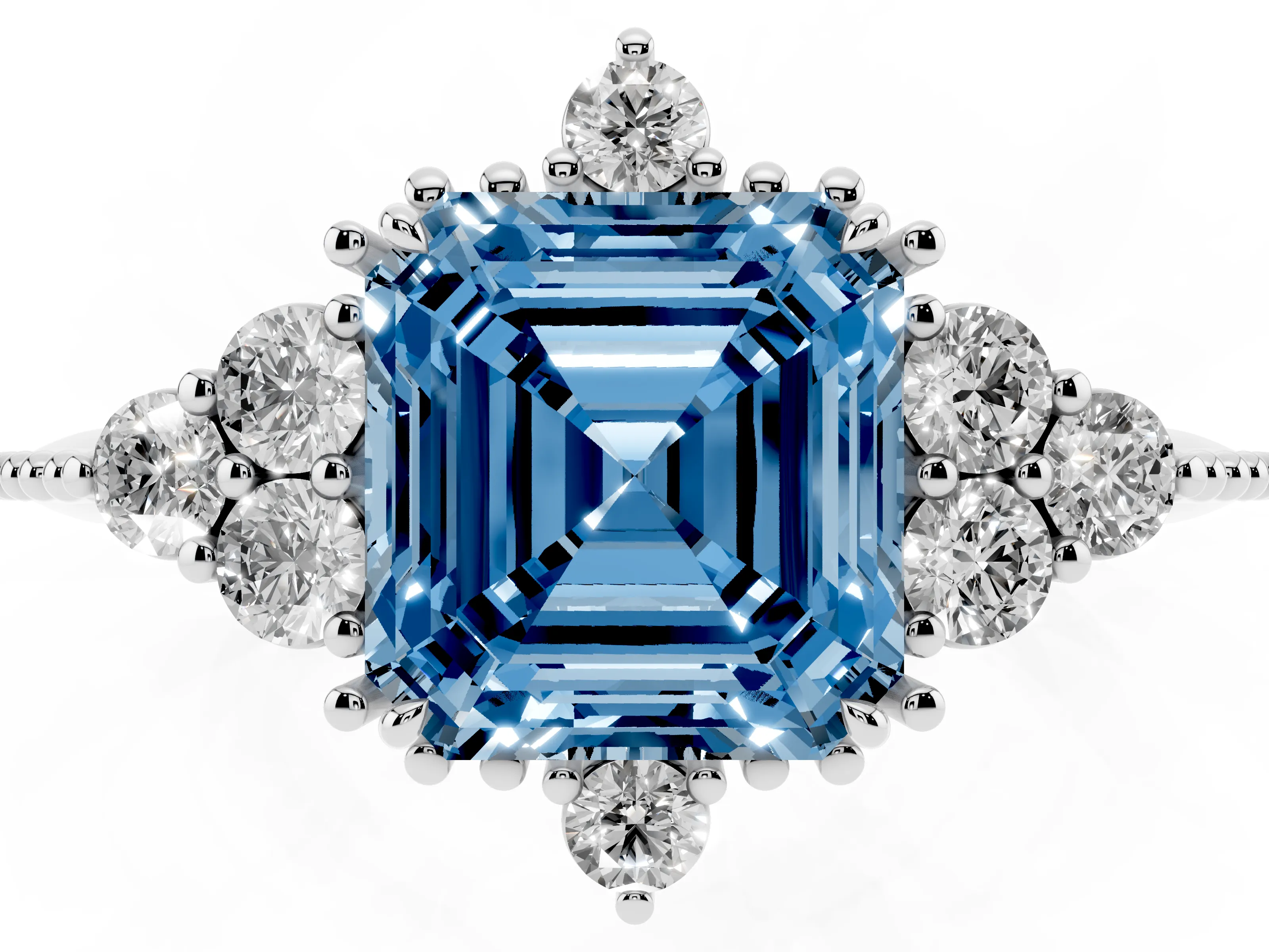 Fancy Blue Asscher Cut Diamond Cluster Ring Set in Silver with Beaded Band