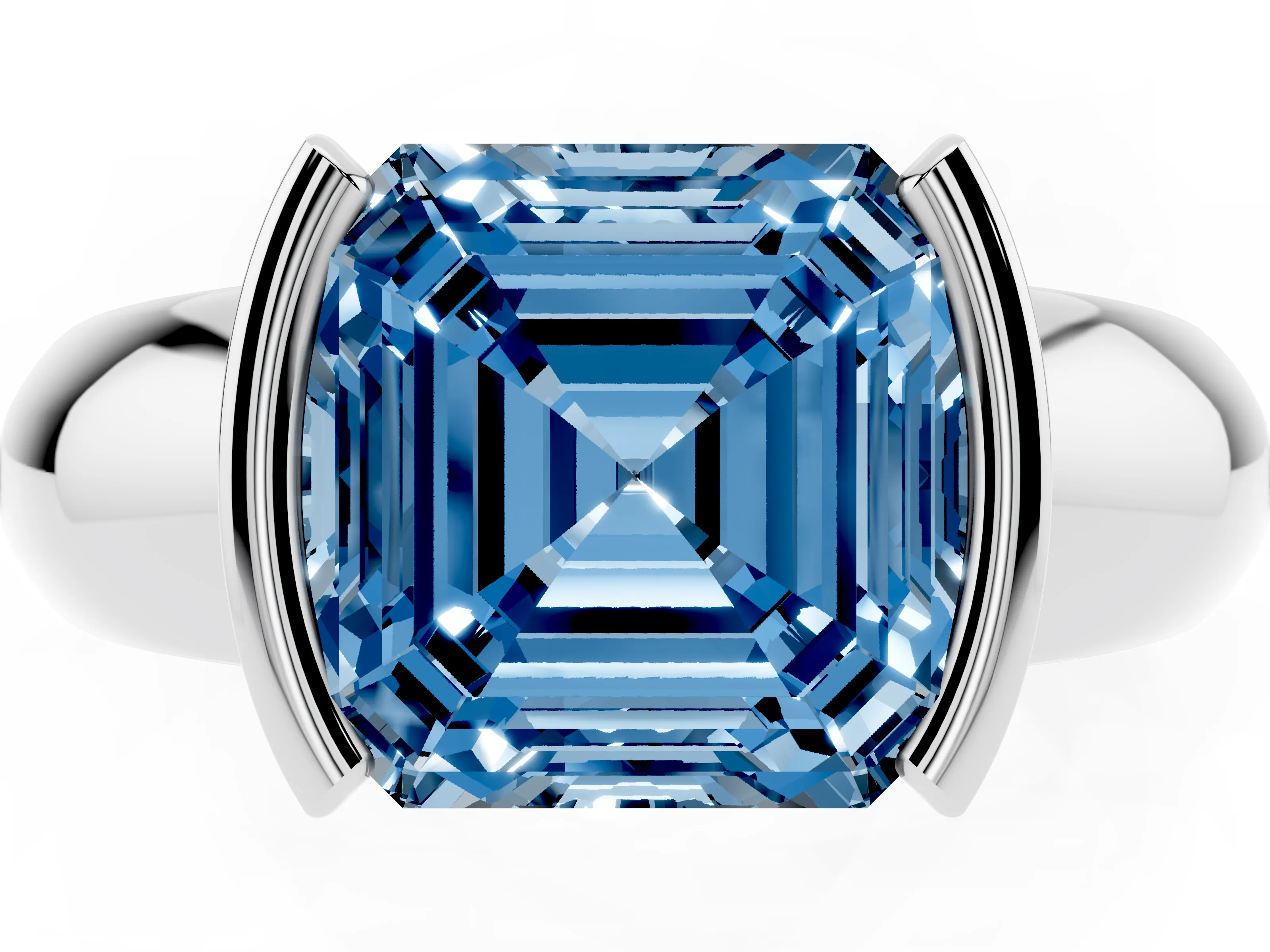Fancy Blue Asscher Cut Diamond Solitaire Tension Set Ring Set in Platinum with Wide Band
