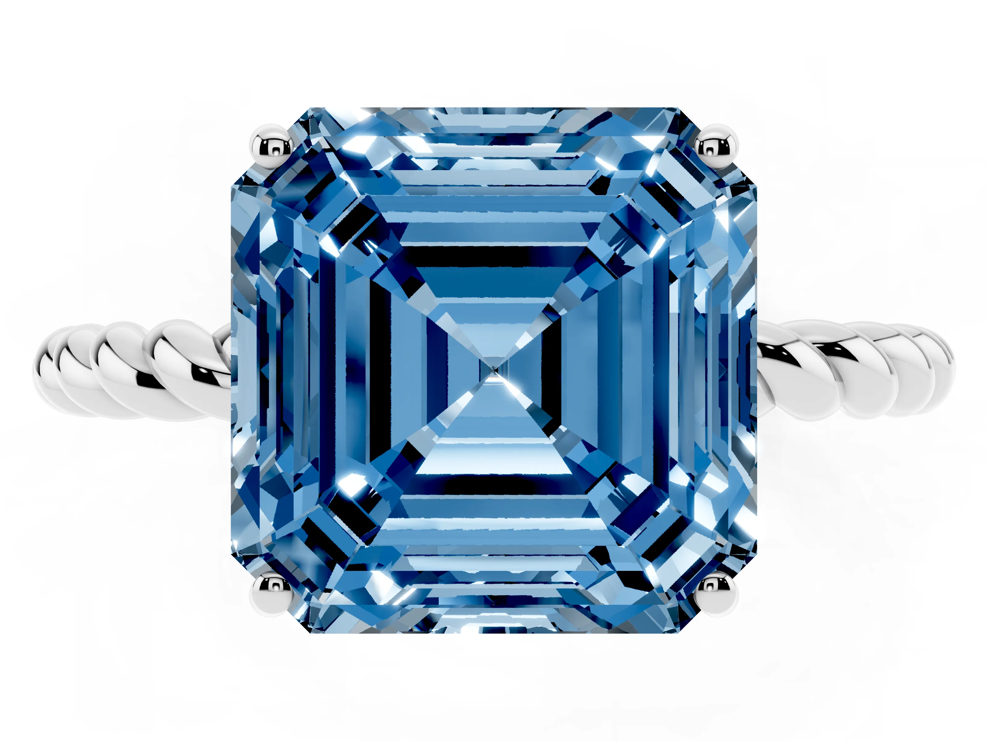 Fancy Blue Asscher Cut Diamond Solitaire Ring Set in Platinum with Twist Band and Prong Setting