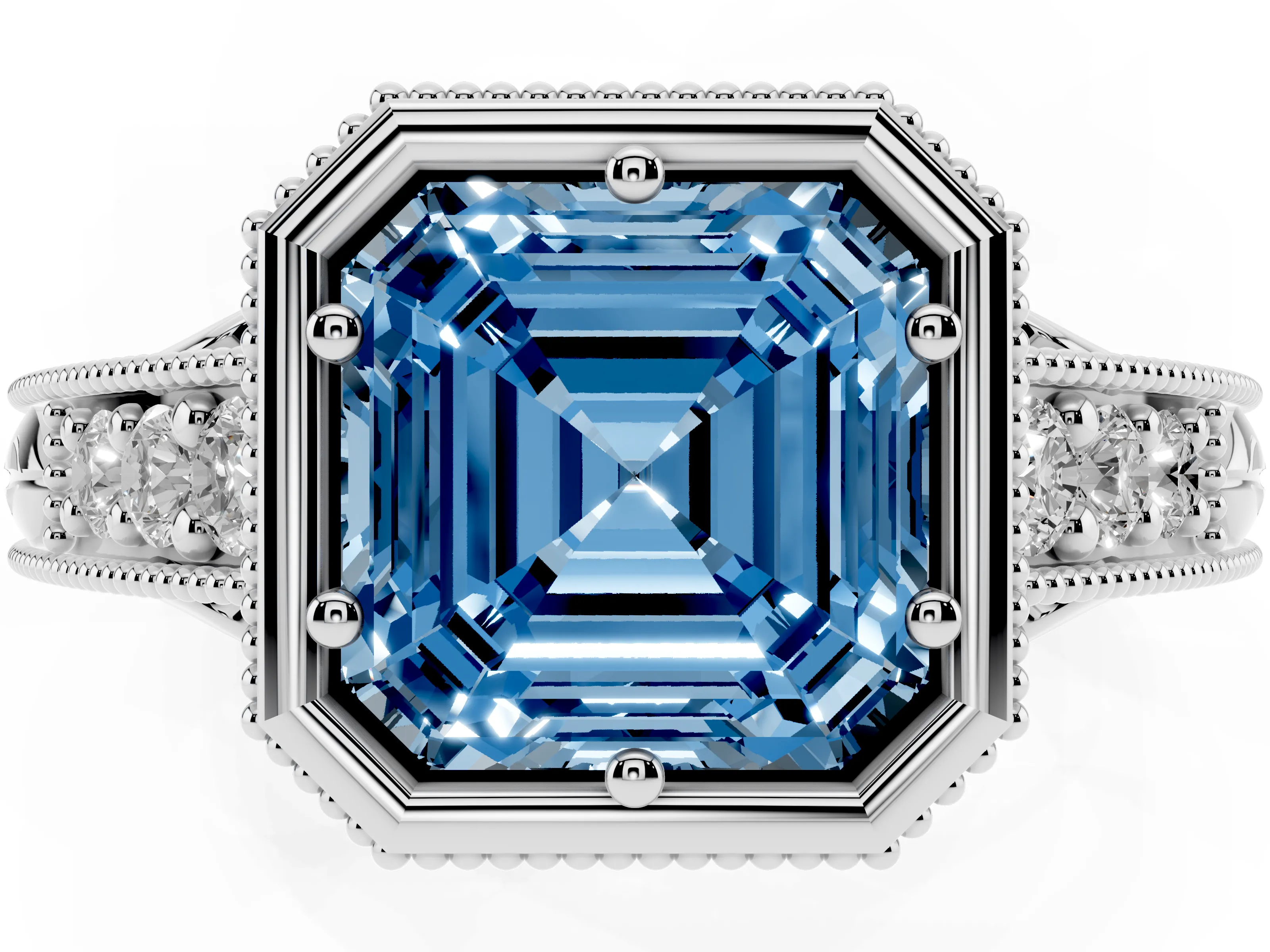 Fancy Blue Bezel Set Asscher Cut Diamond Milgrain Pavé Engagement Ring Set in Silver