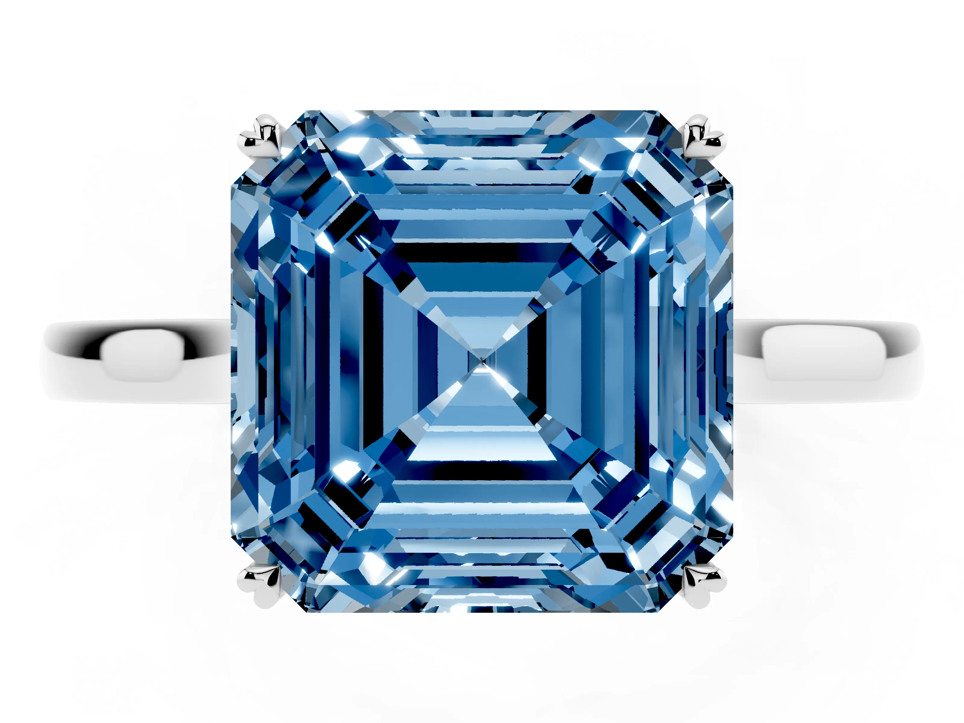 Fancy Blue Asscher Cut Diamond Solitaire Heart Prong Engagement Ring Set in Platinum with Tapered Band