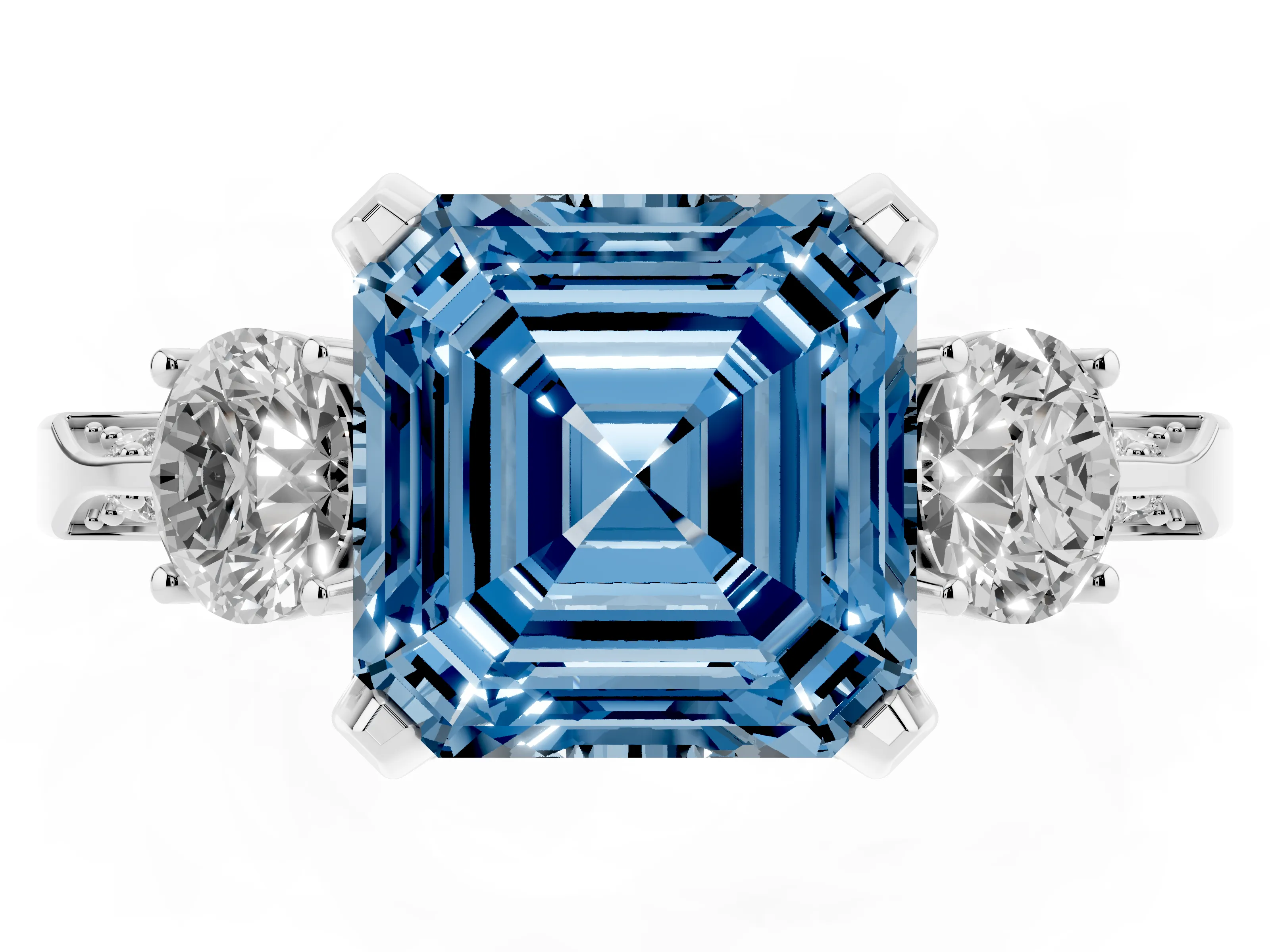 Fancy Blue Asscher Cut Diamond Three-Stone Ring Set in Silver with Pavé Band and Smaller Side Stones