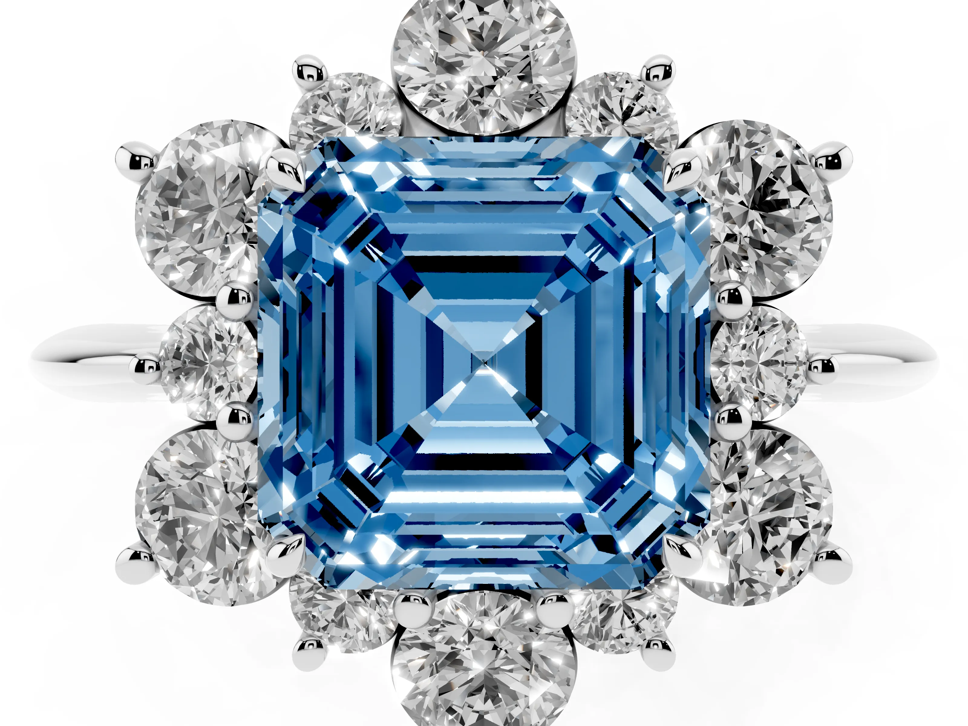 Fancy Blue Asscher Cut Diamond Cluster Halo Ring Set in White gold with Solitaire Band and Prong Setting