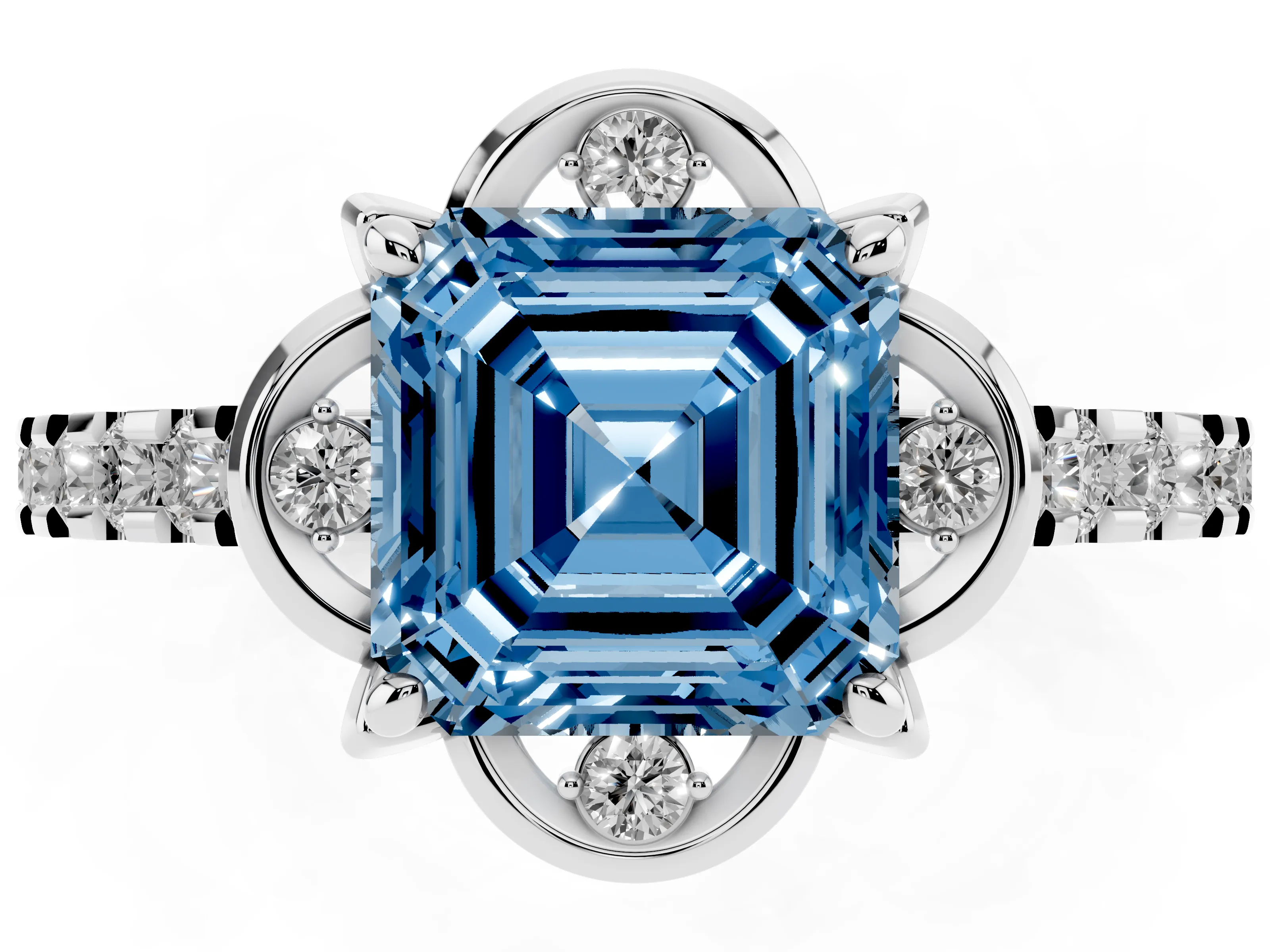 Fancy Blue Asscher Cut Diamond Solitaire Ring Set in Platinum with Pavé Band and Floral Prong Setting