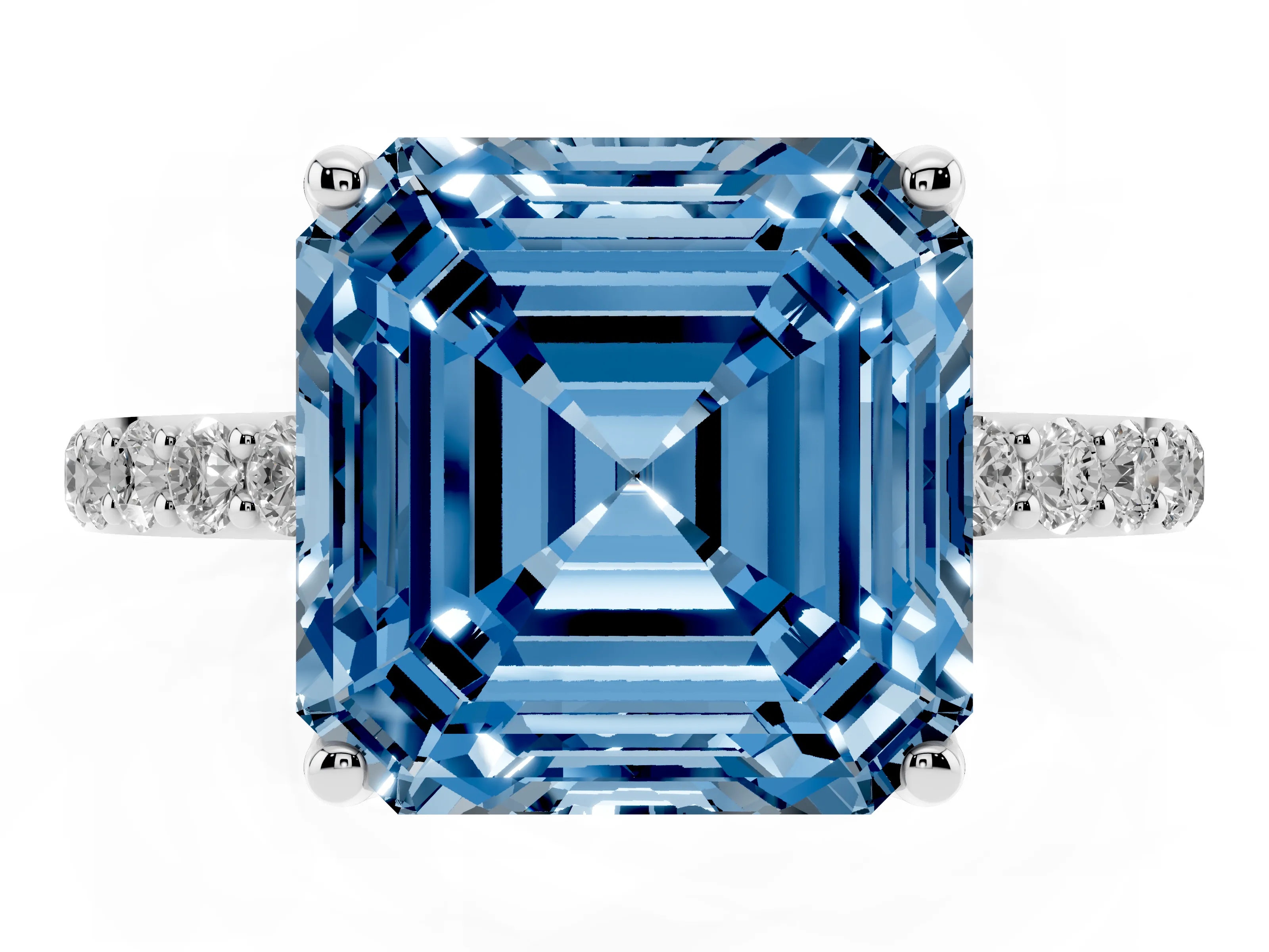 Fancy Blue Asscher Cut Diamond Solitaire Engagement Ring Set in White gold with Round Pavé Band and Prong Setting