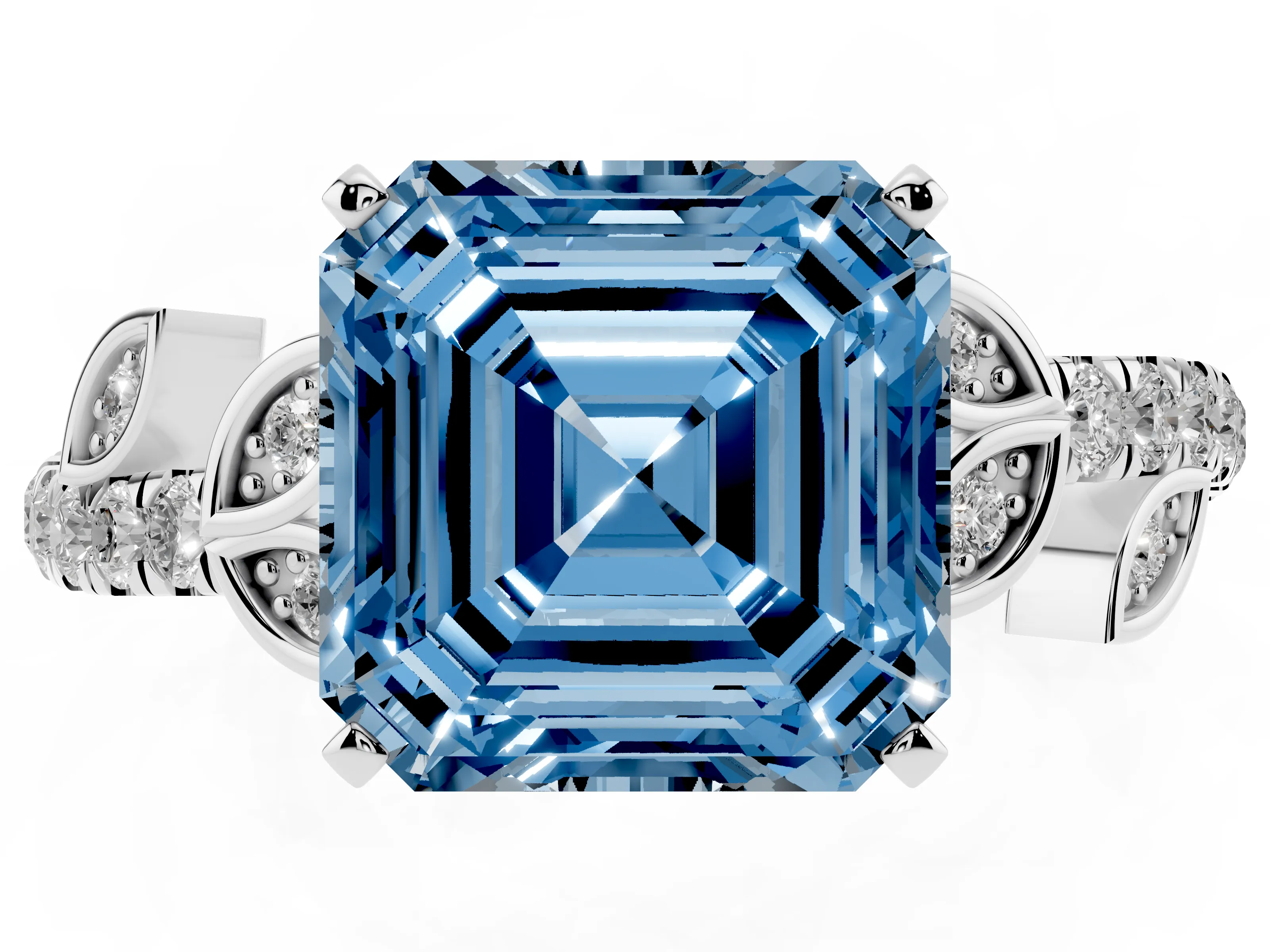 Fancy Blue Asscher Cut Diamond Solitaire Leaf-Inspired Ring Set in White gold with Pavé Band and Prong Setting