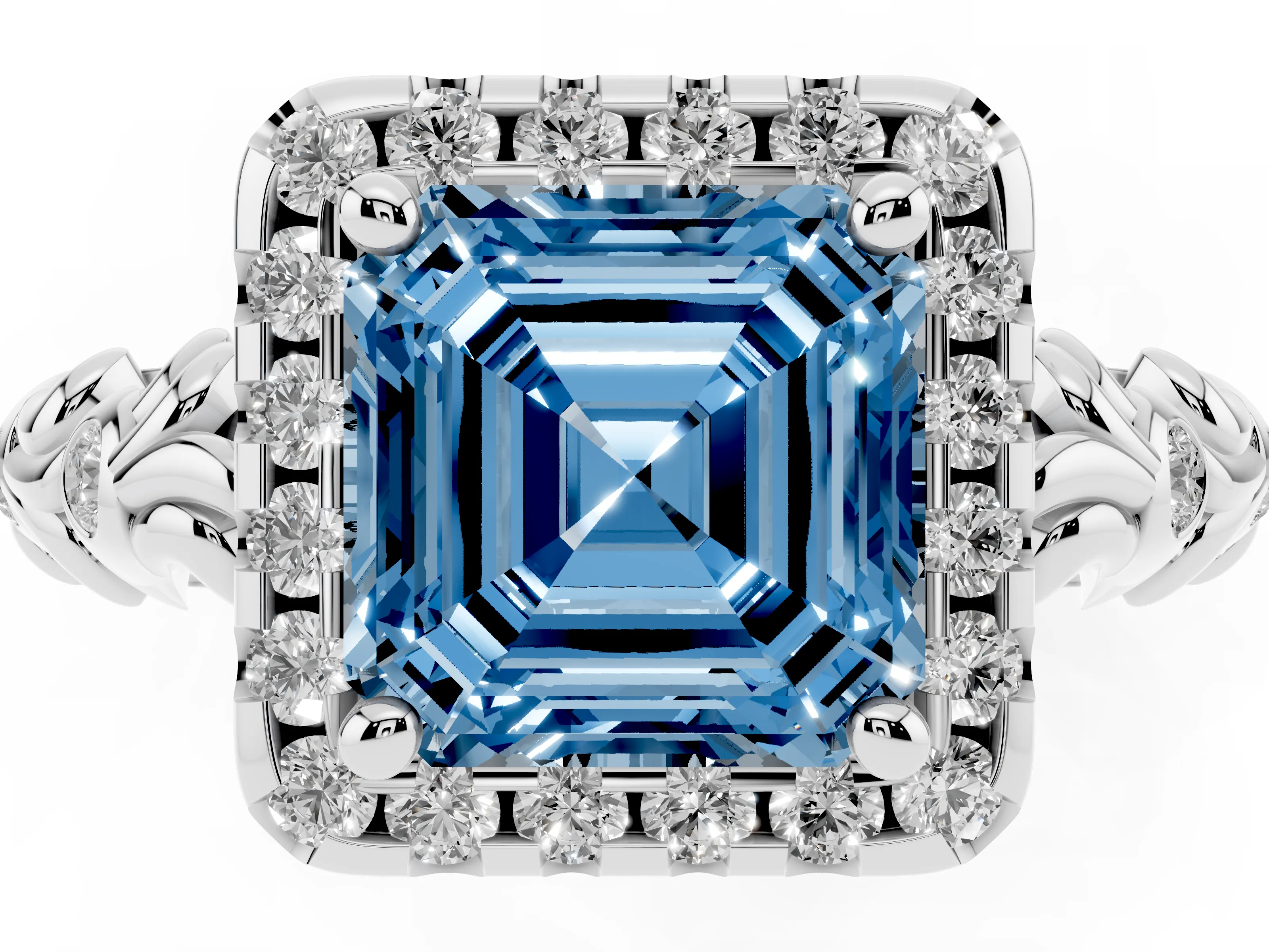 Fancy Blue Asscher Cut Diamond Halo Ring Set in White gold with Filigree Leaf Band and Prong Setting