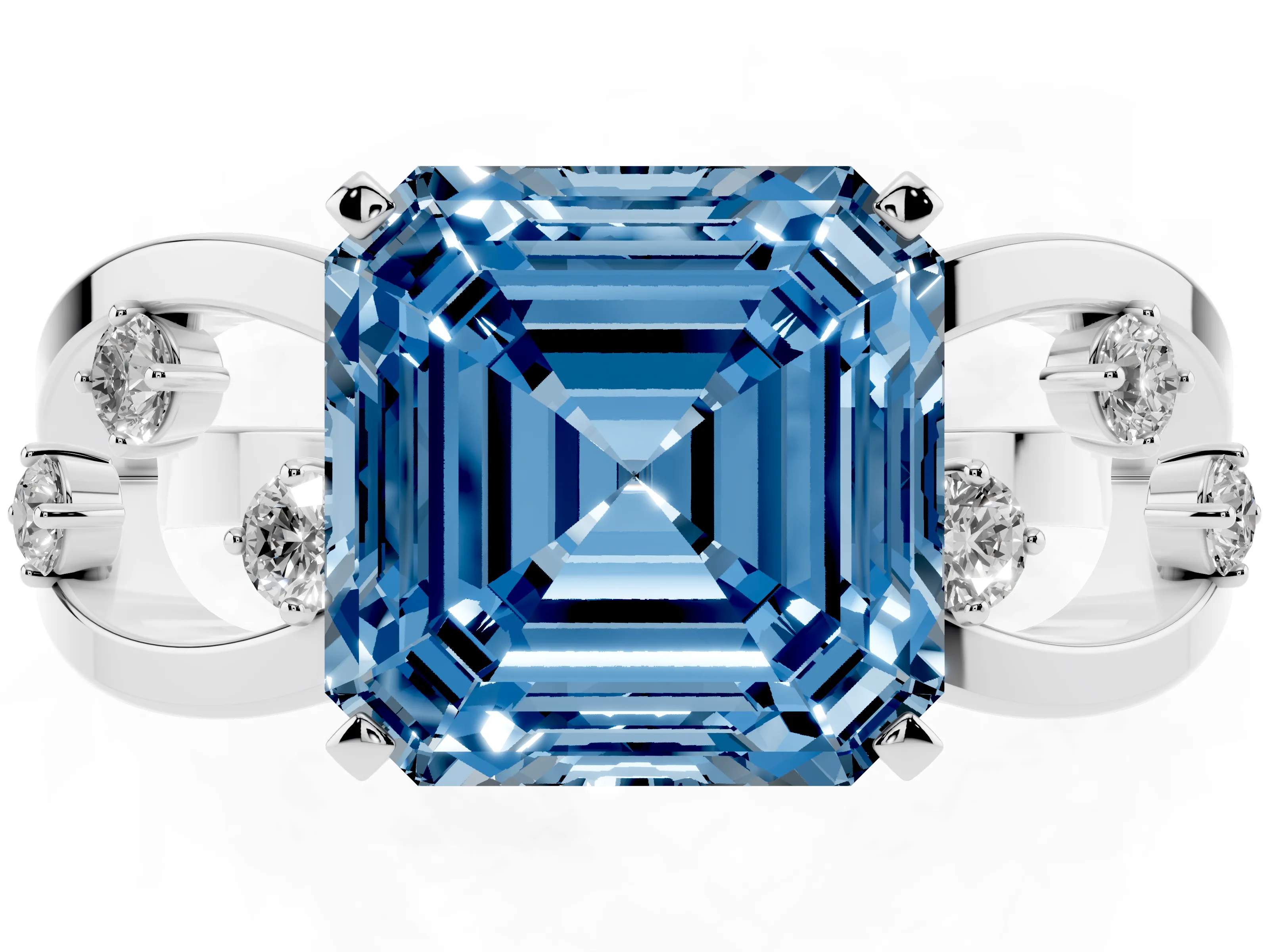 Fancy Blue Asscher Cut Diamond Solitaire Ring Set in White gold with Side Stones on Criss-Cross Band and Prong Setting