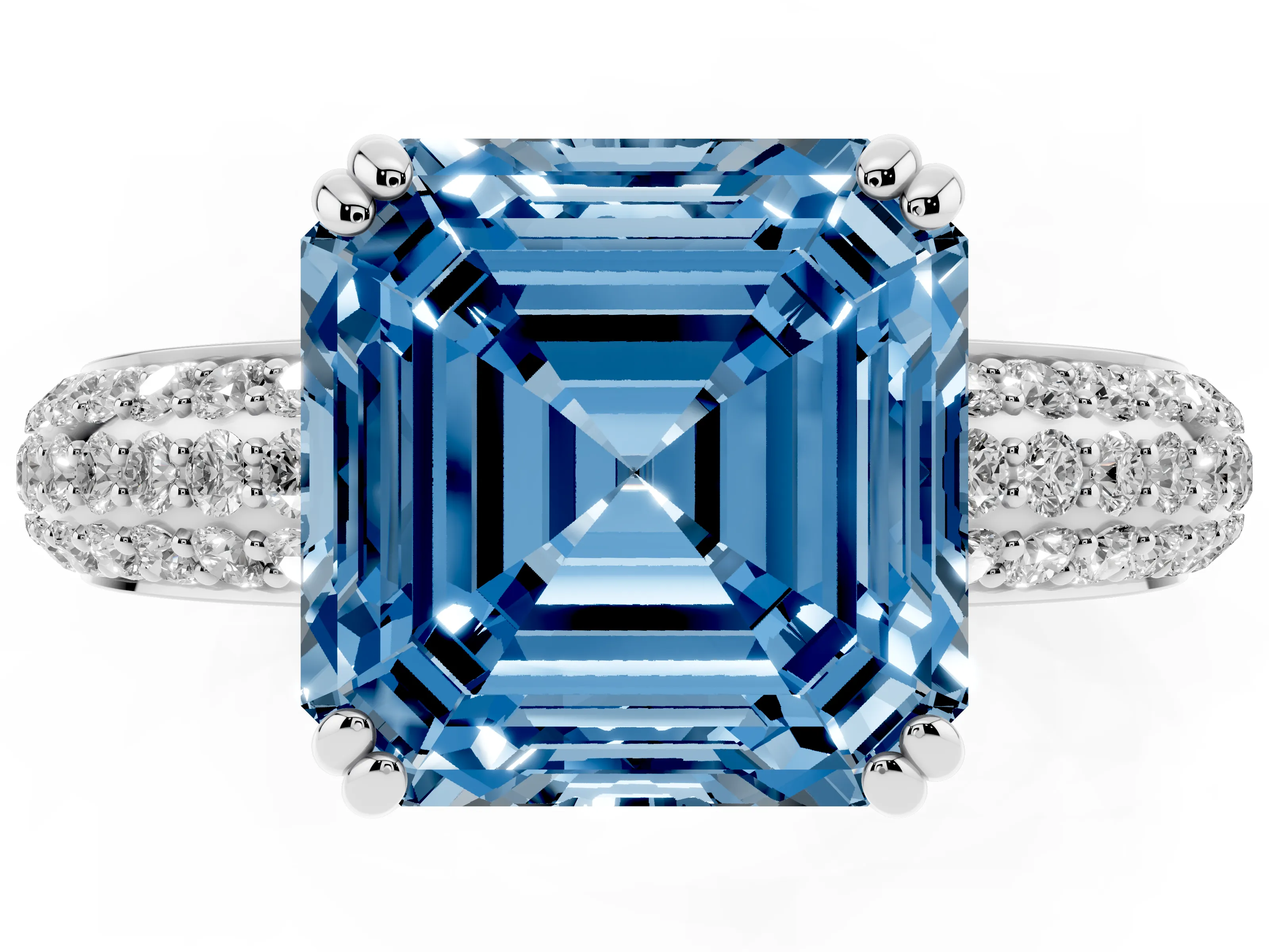 Fancy Blue Asscher Cut Diamond Solitaire Ring Set in Platinum with Multi-Row Round Pavé Band and Prong Setting