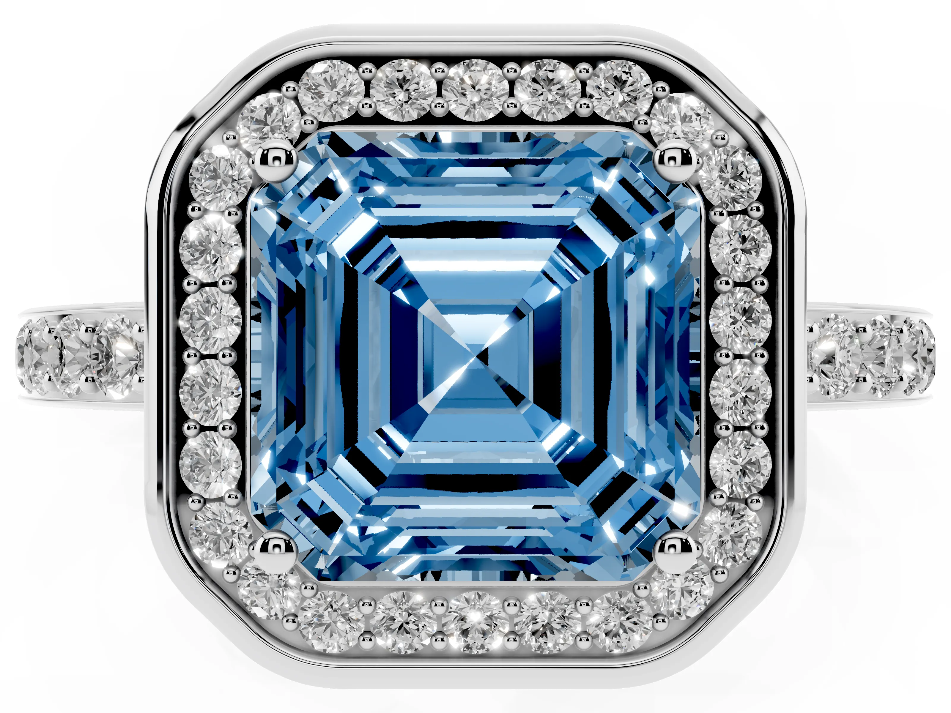 Fancy Blue Asscher Cut Diamond Halo Ring Set in White gold with Bezel Frame and Pavé Band