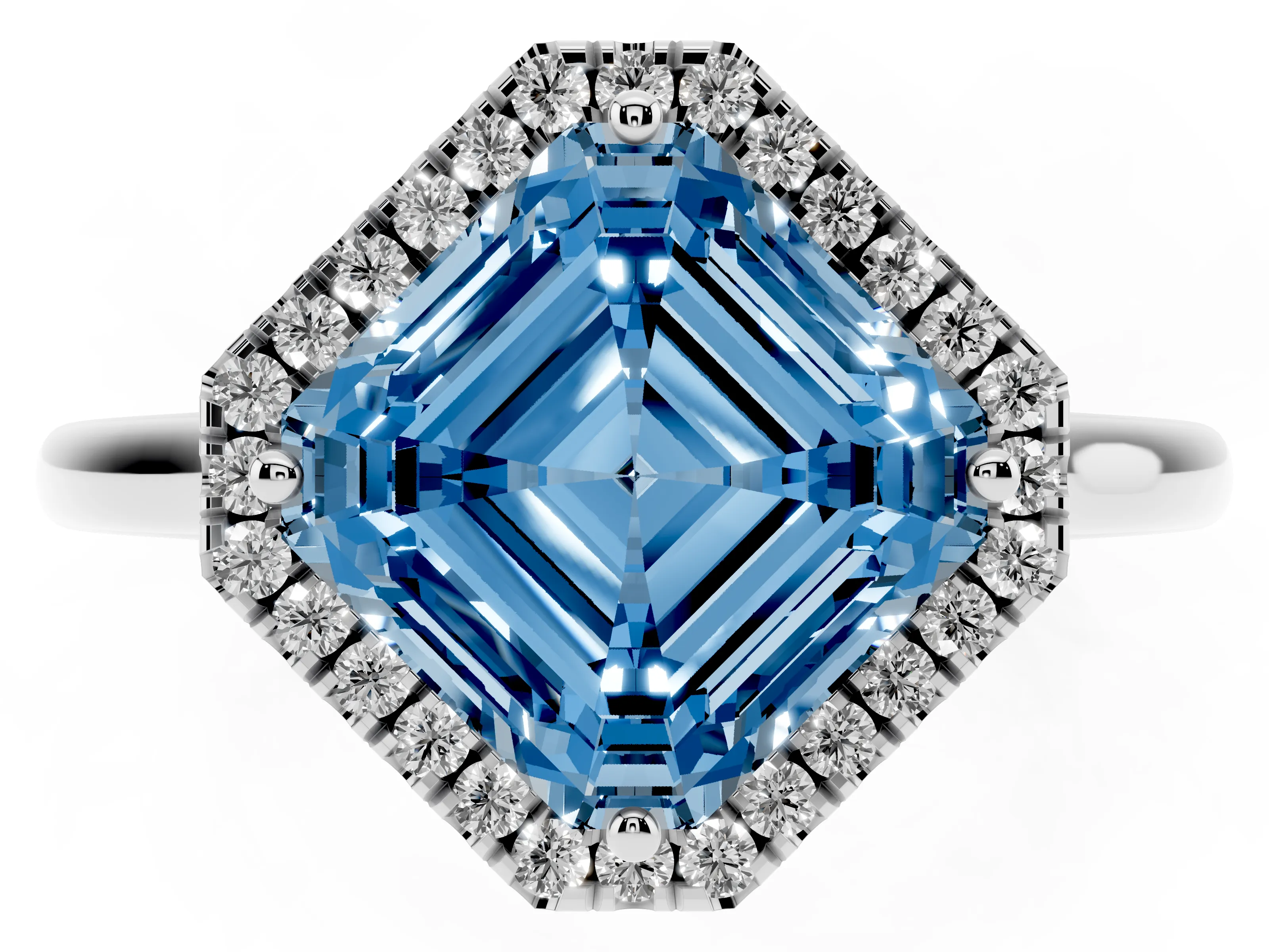 Fancy Blue Asscher Cut Diamond Halo Engagement Ring Set in White gold with Pavé Band and Rising Shoulders