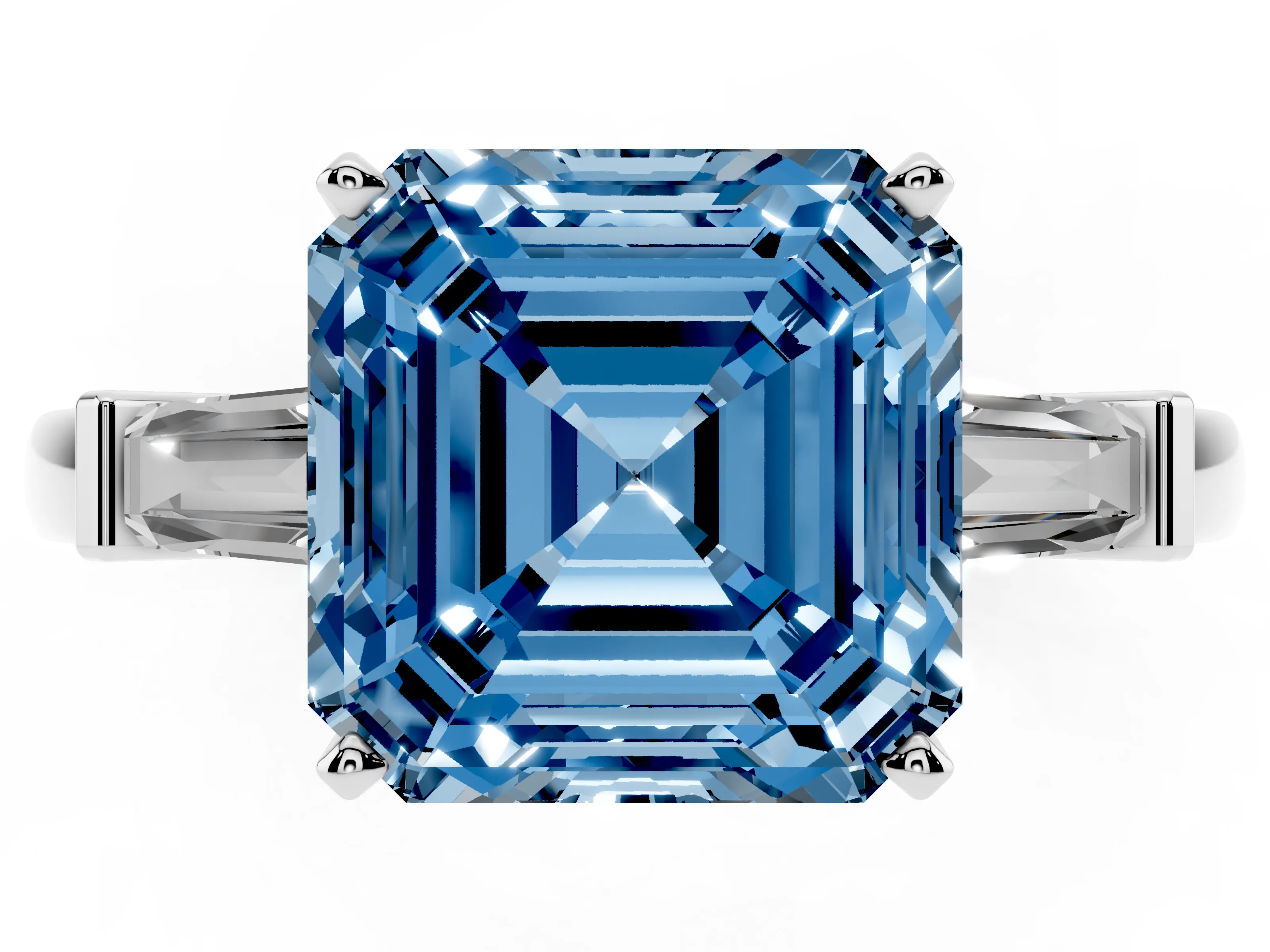 Fancy Blue Asscher Cut Diamond Solitaire Ring Set in White gold with Tapered Baguette Accents and Prong Setting