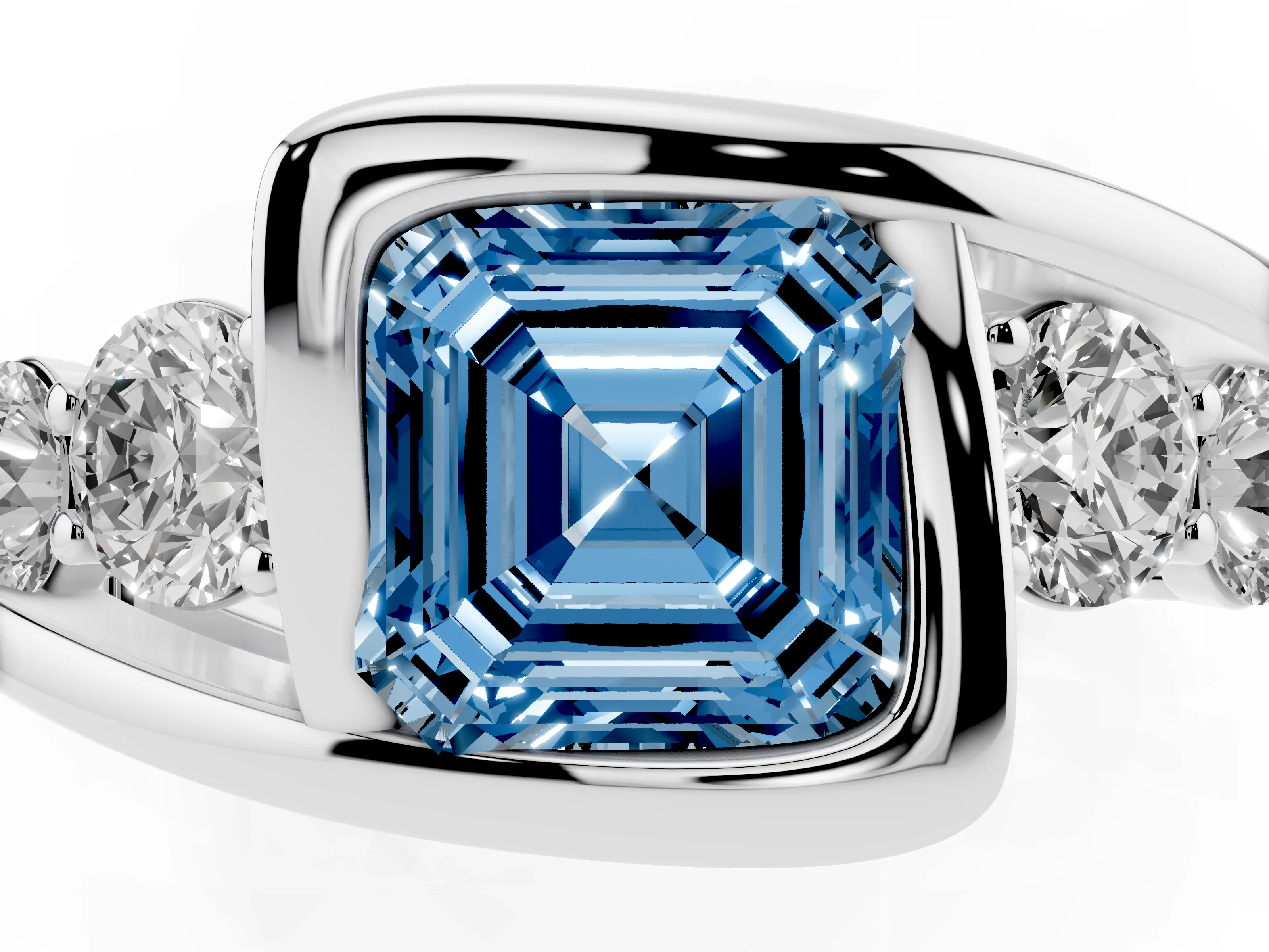 Fancy Blue Asscher Cut Diamond Bezel Bypass Ring Set in Silver with Round Accents