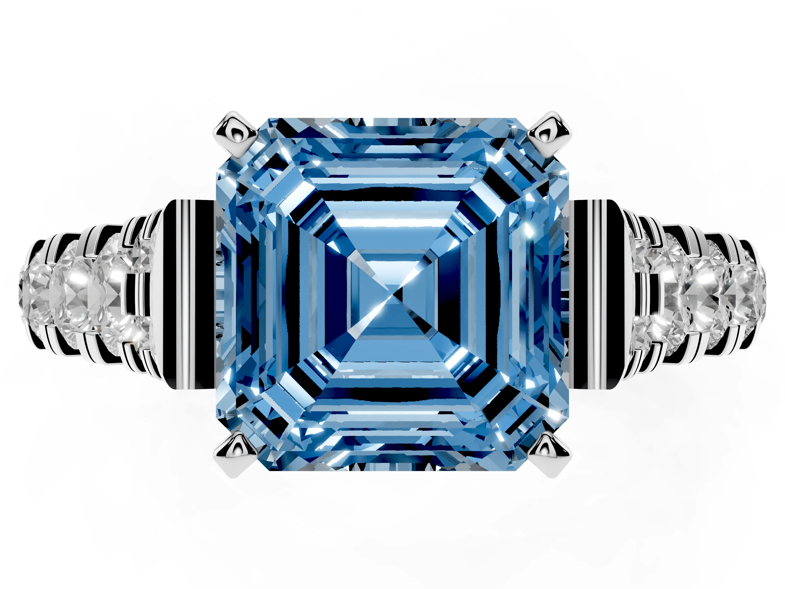 Fancy Blue Asscher Cut Diamond Classic Solitaire Ring Set in White gold with Pavé Band and Prong Setting