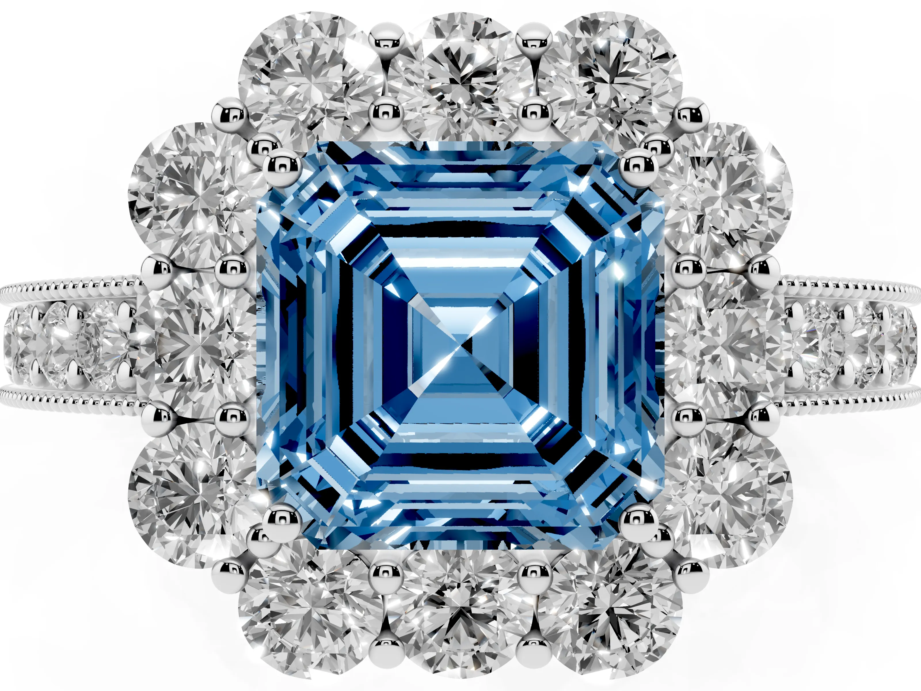 Fancy Blue Asscher Cut Diamond Halo Pavé Engagement Ring Set in Silver with Milgrain Detailing