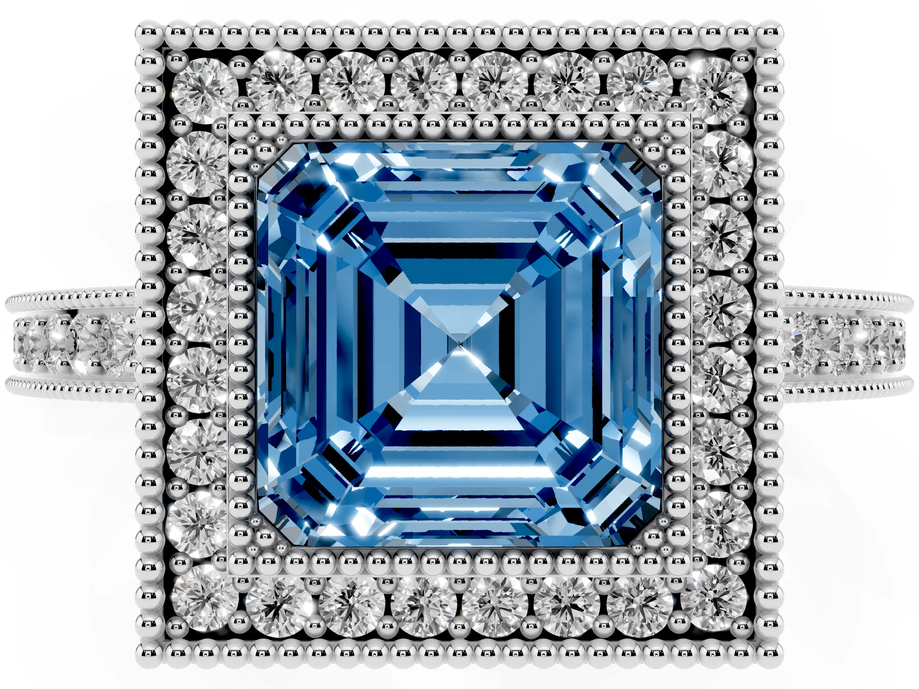 Fancy Blue Asscher Cut Diamond Round Halo Ring Set in Platinum with Pavé Band
