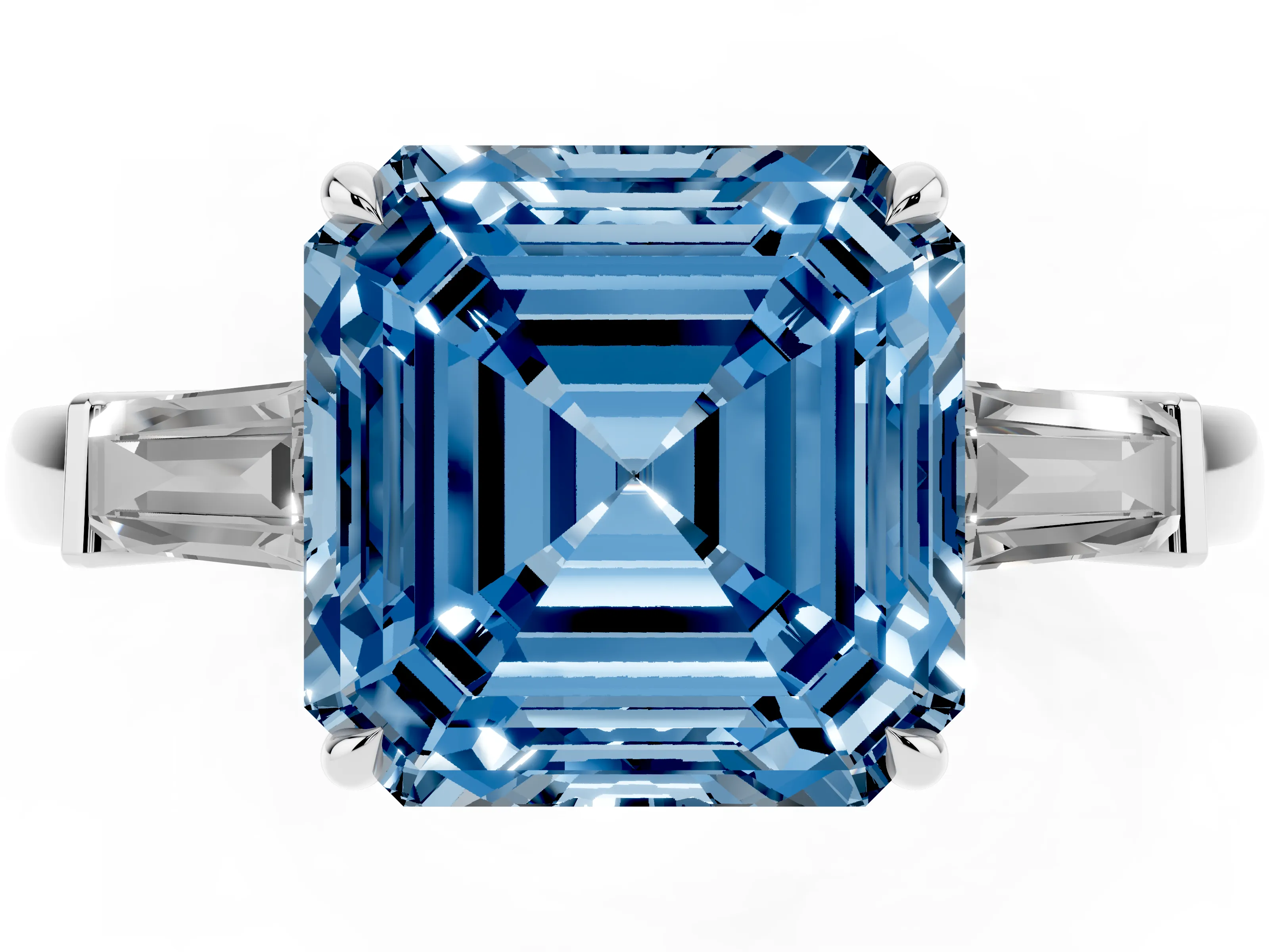 Fancy Blue Asscher Cut Diamond Three-Stone Ring Set in White gold with Tapered Baguette Side Stones and Prong Setting