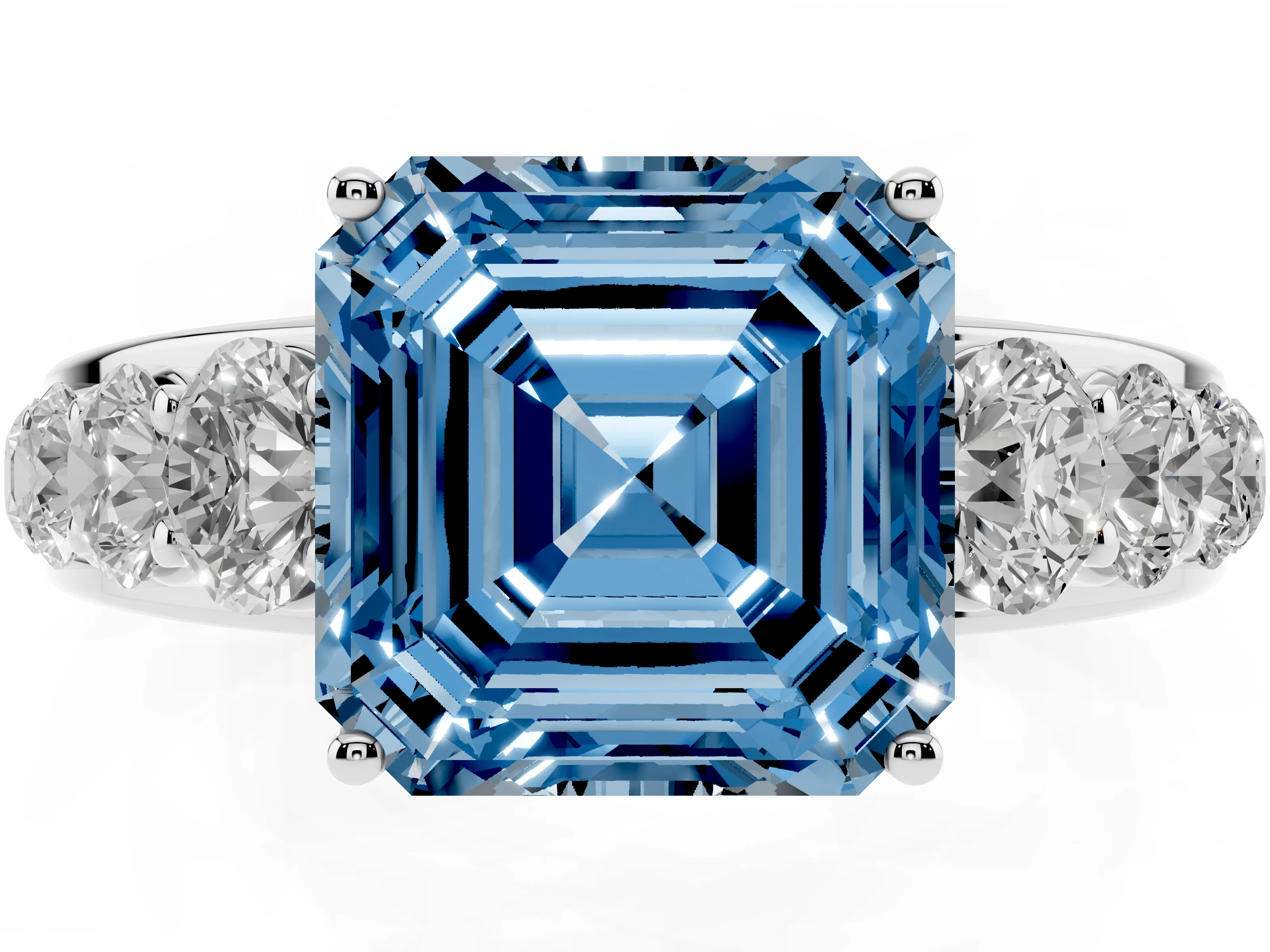 Fancy Blue Asscher Cut Diamond Solitaire Ring Set in Platinum with Pavé-Set Band and Prong Setting