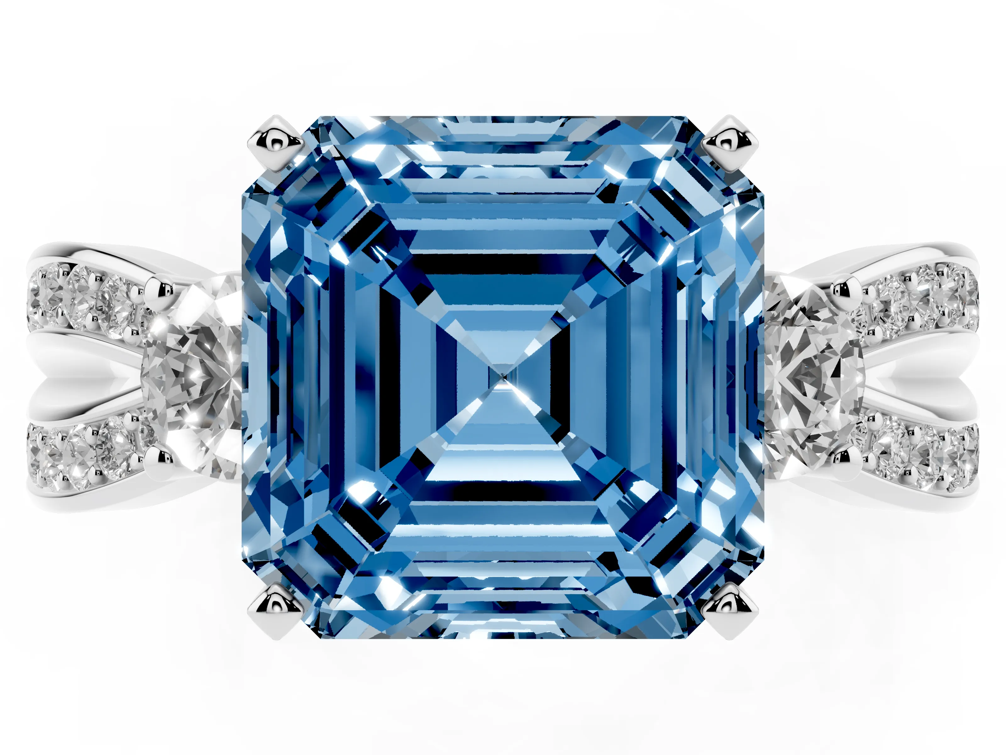 Fancy Blue Three-Stone Asscher Cut Diamond Twist Band Ring Set in Silver with Pavé Accents and Prong Setting