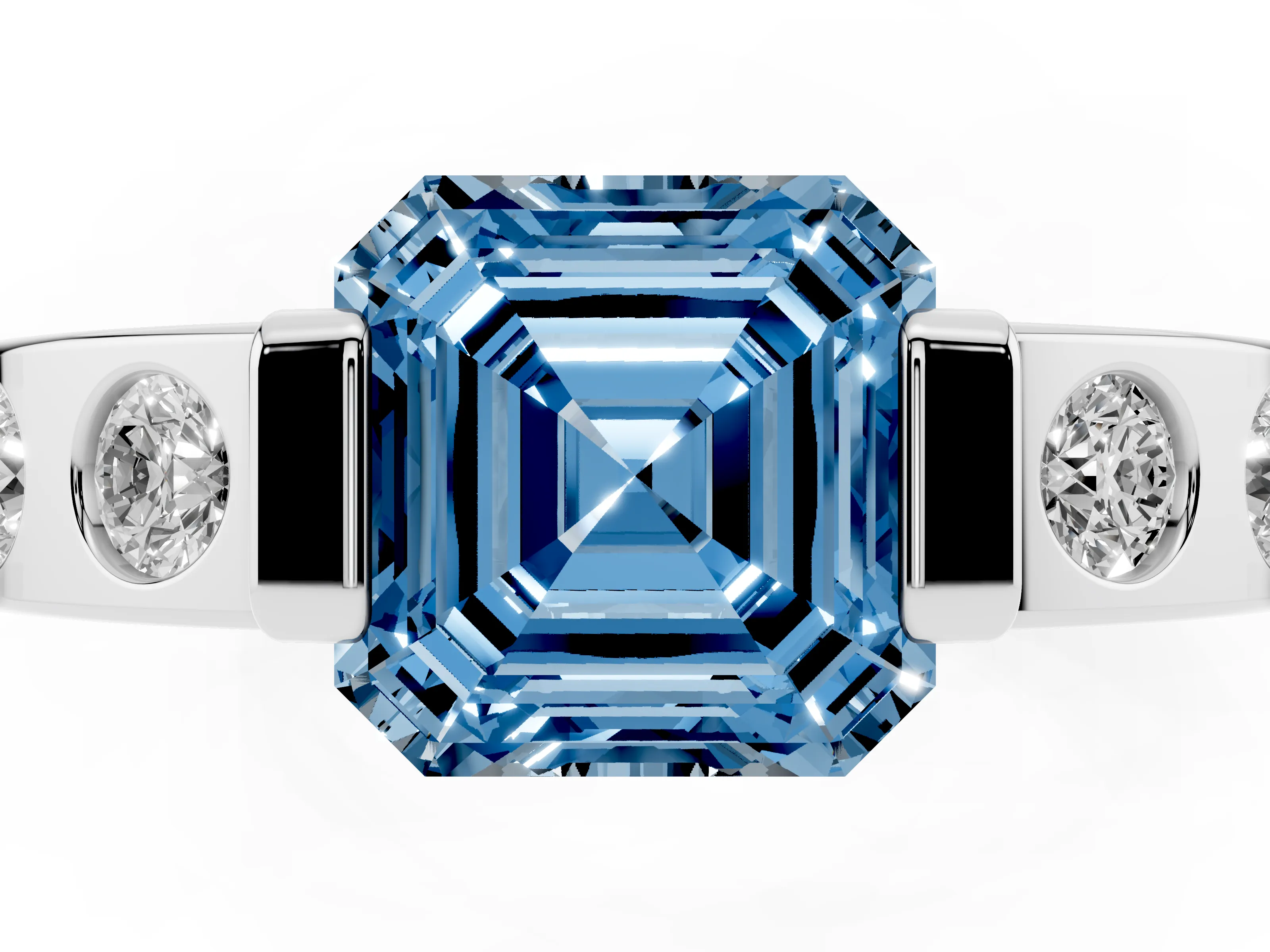 Fancy Blue Asscher Cut Diamond Channel-Set Band Ring Set in White gold with Bezel Prong Setting