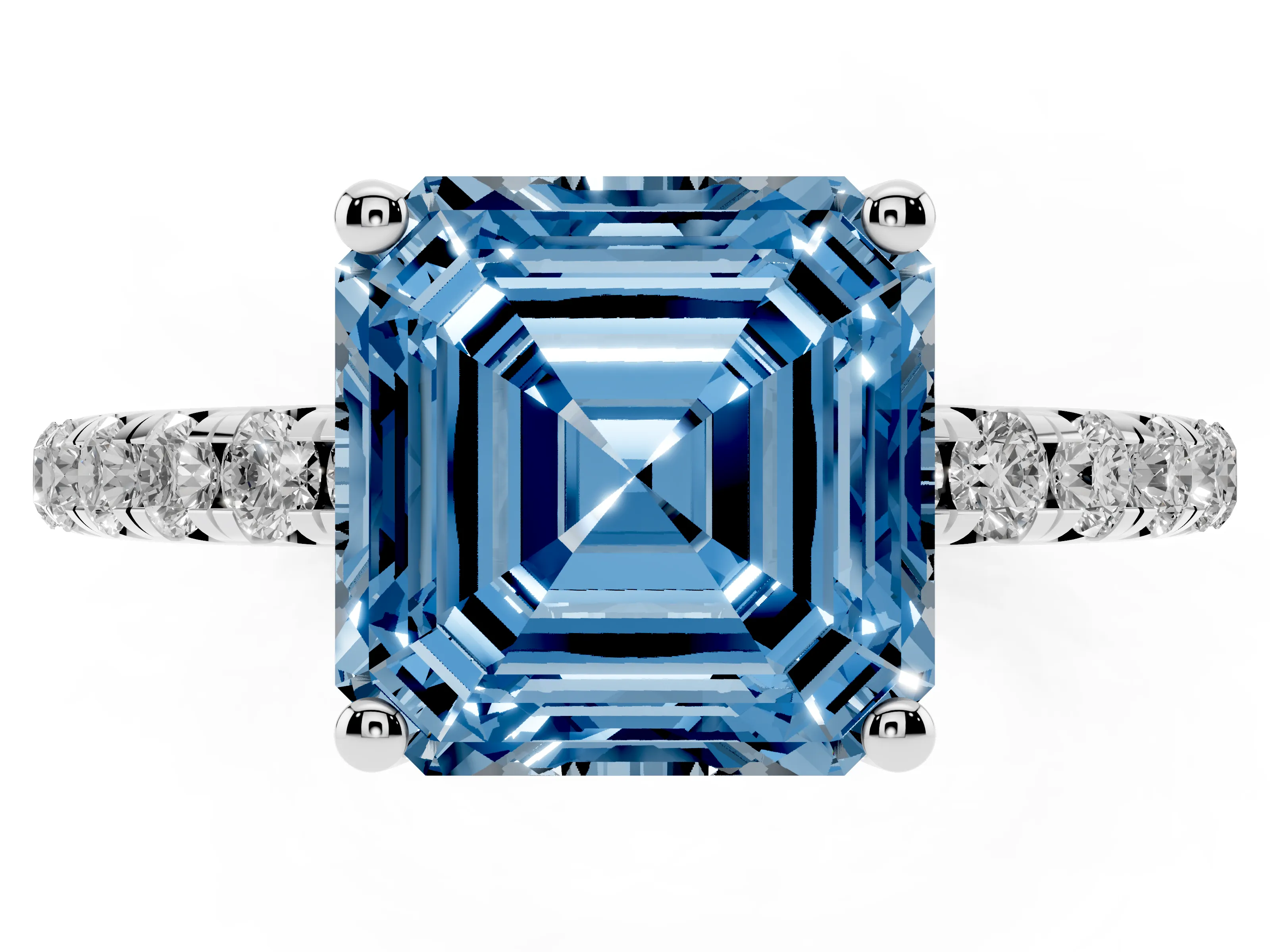 Fancy Blue Asscher Cut Diamond Solitaire Ring Set in Silver with Micro Pavé Band and Prong Setting