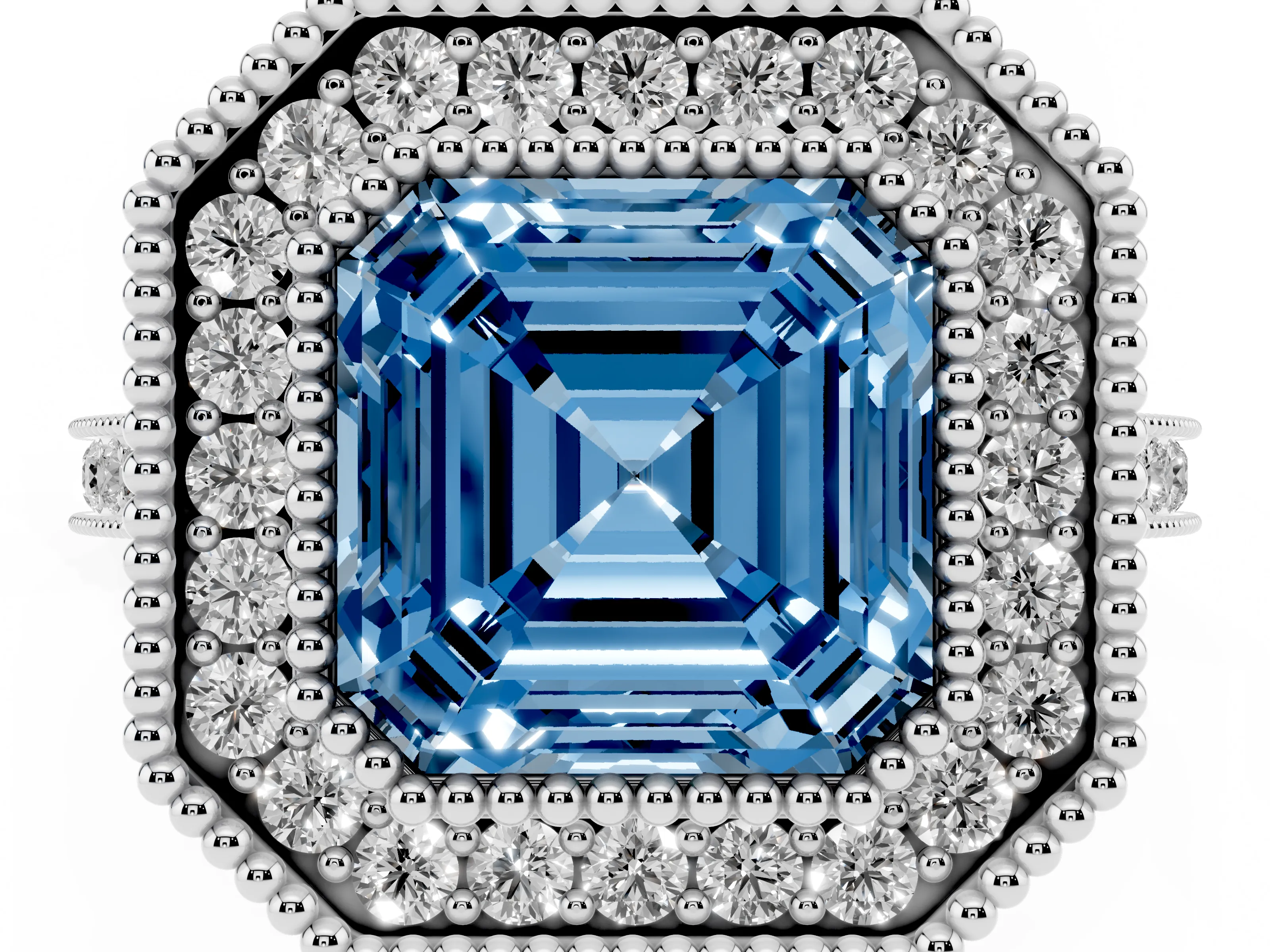 Fancy Blue Asscher Cut Diamond Halo Ring Set in Platinum with Milgrain Frame and Pavé Band