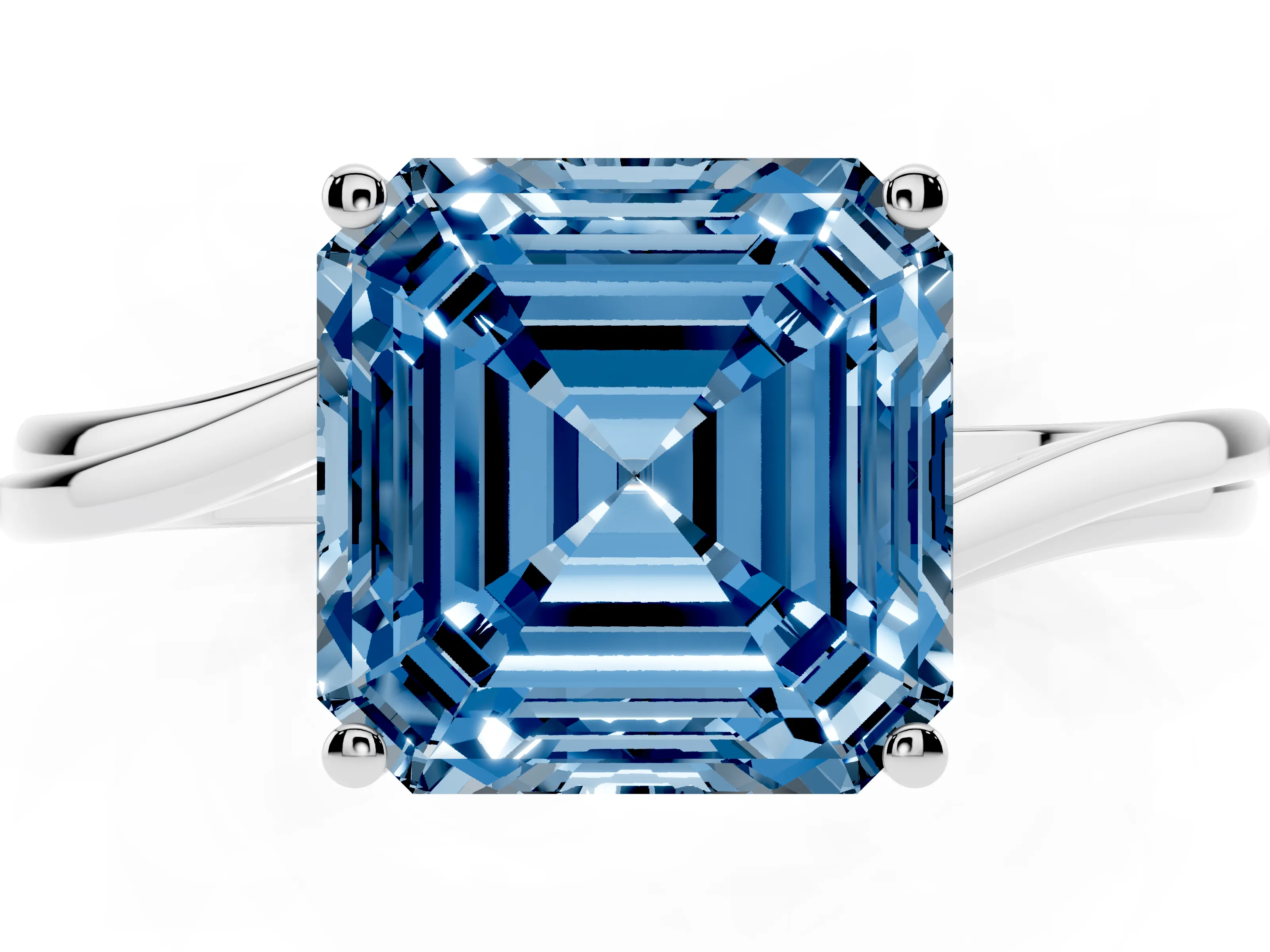 Fancy Blue Asscher Cut Diamond Solitaire Twist Band Ring Set in Platinum with Prong Setting