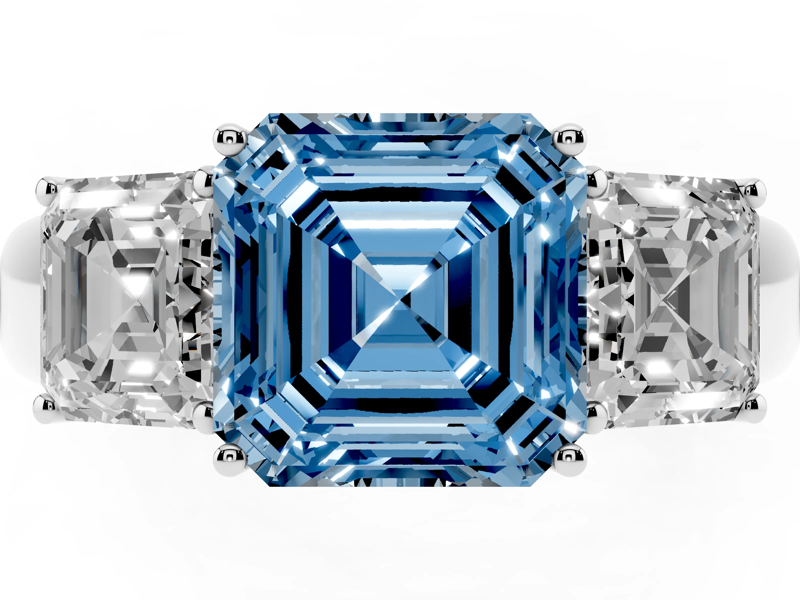 Fancy Blue Three-Stone Asscher Cut Diamond Ring Set in Silver with Matching Prong Settings and Plain Band