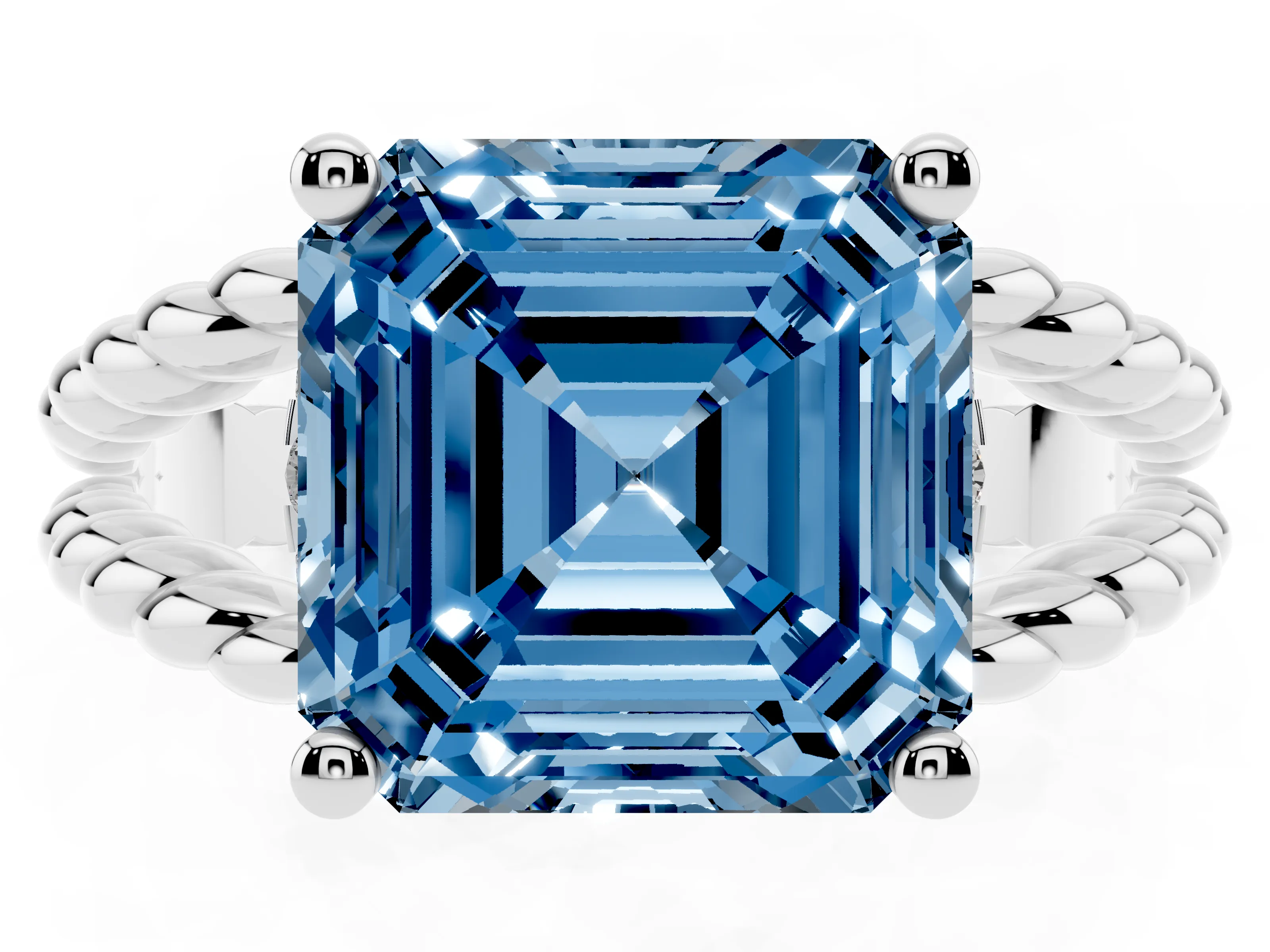 Fancy Blue Asscher Cut Diamond Halo Ring Set in White gold with Twisted Band and Prong Setting