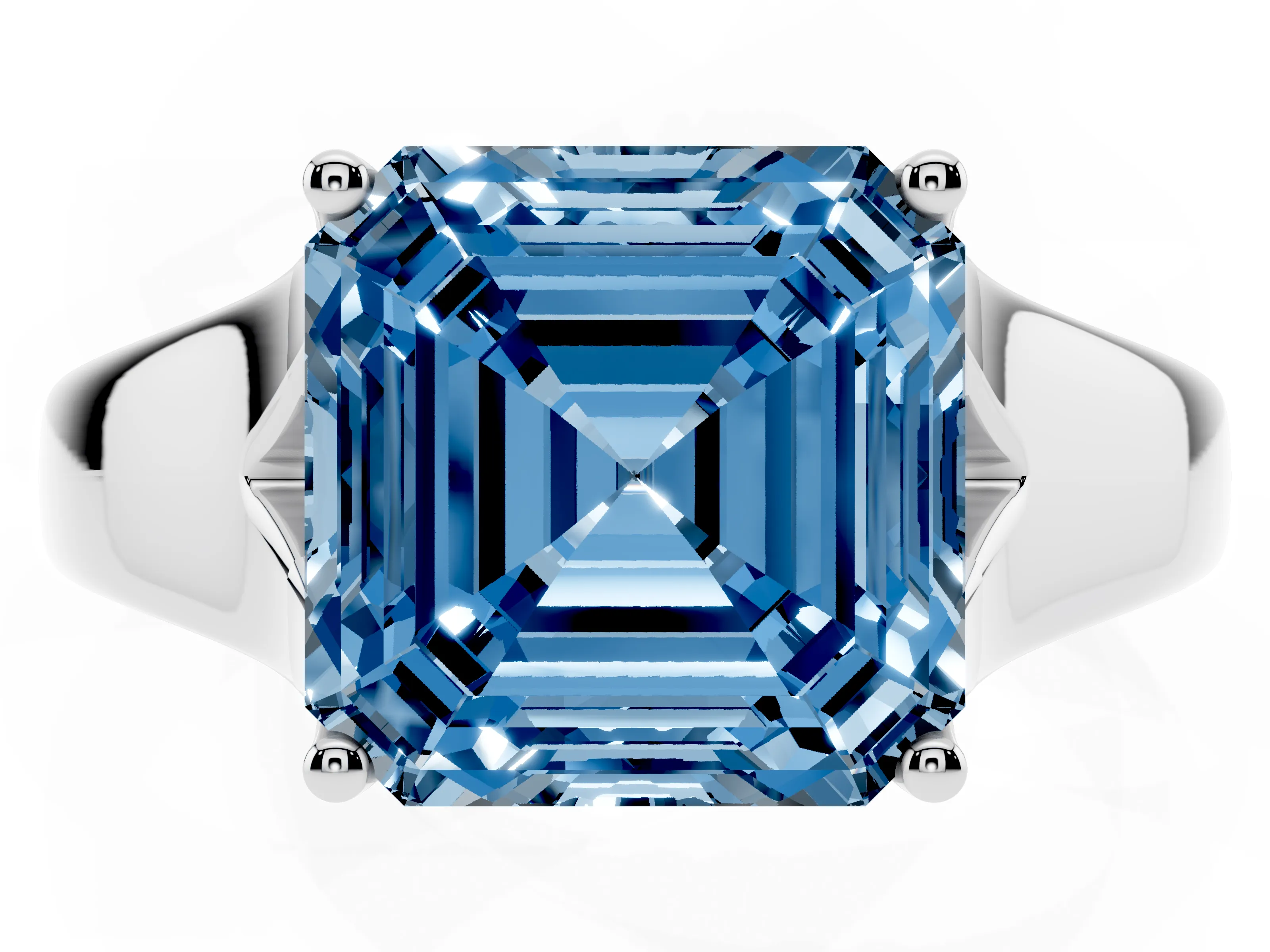 Fancy Blue Asscher Cut Diamond Solitaire Ring Set in Platinum with Arched Cathedral Band and Prong Setting