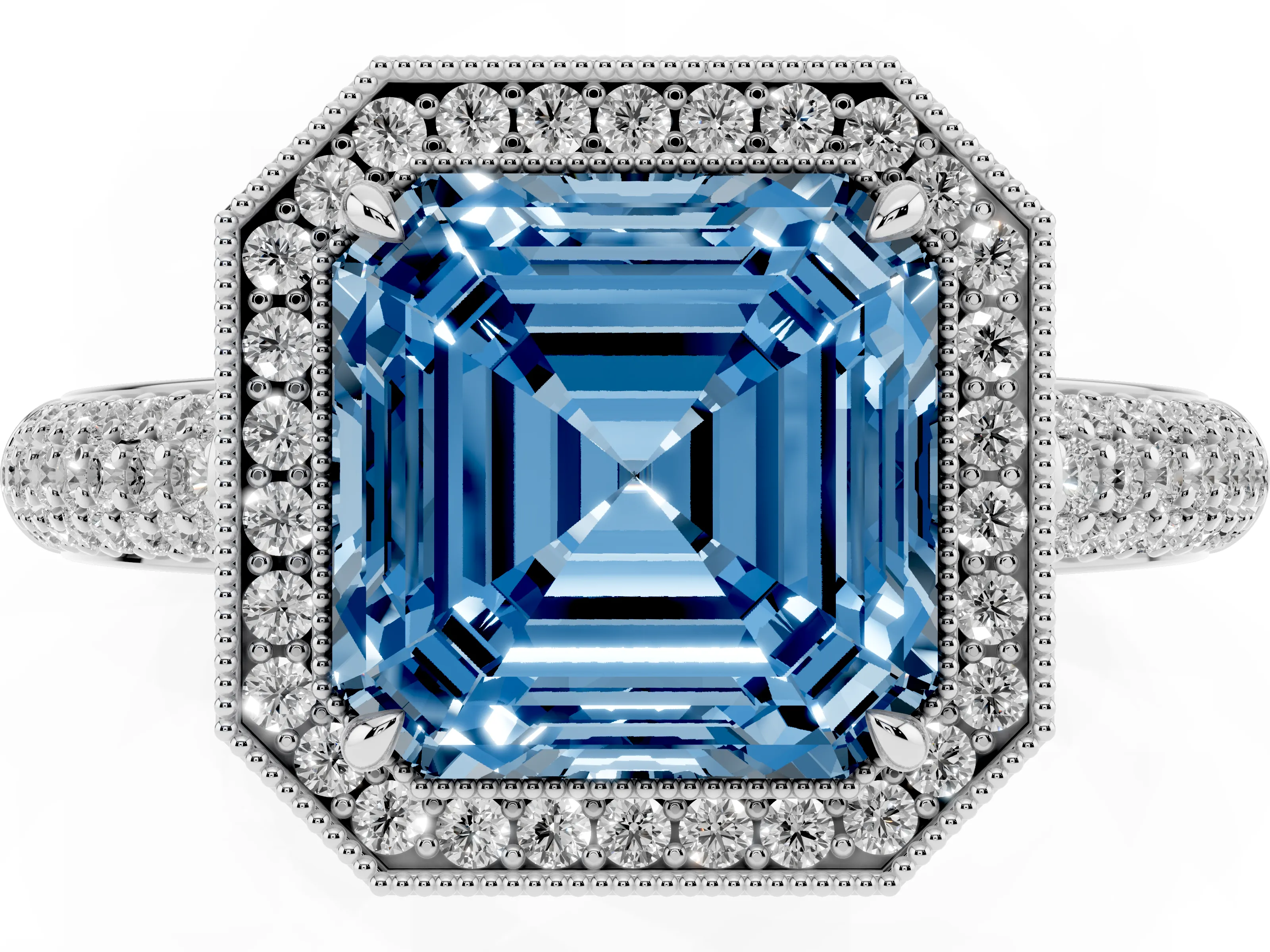 Fancy Blue Asscher Cut Diamond Halo Pavé Band Set in Silver with Prong Setting