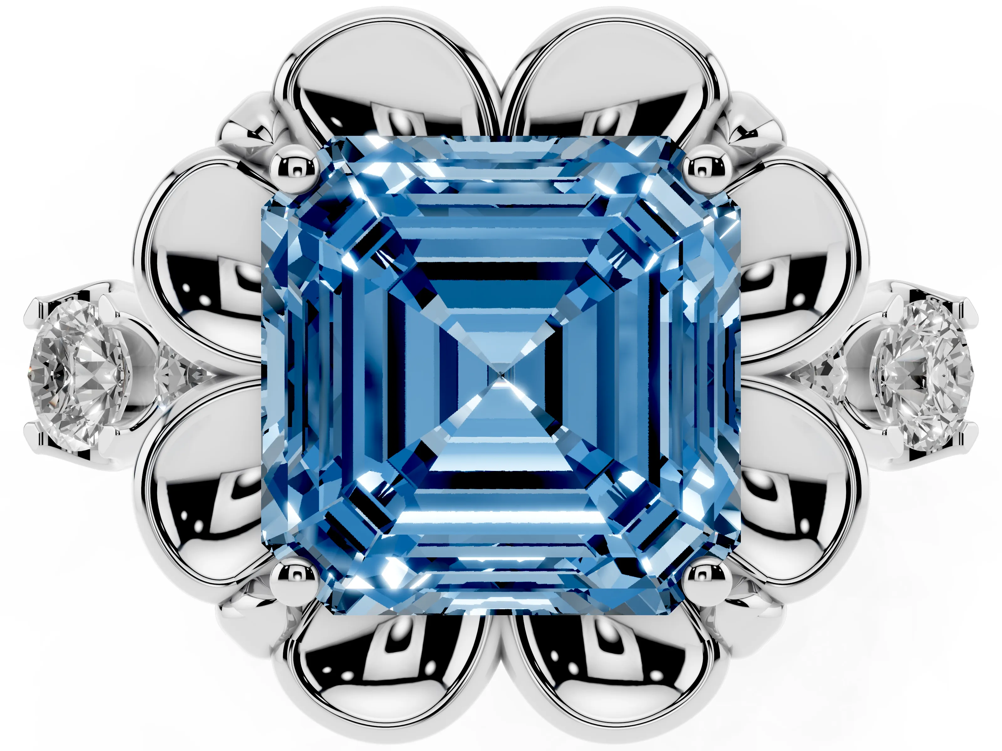 Fancy Blue Asscher Cut Diamond Floral Halo Ring Set in White gold with Shared Prong Band