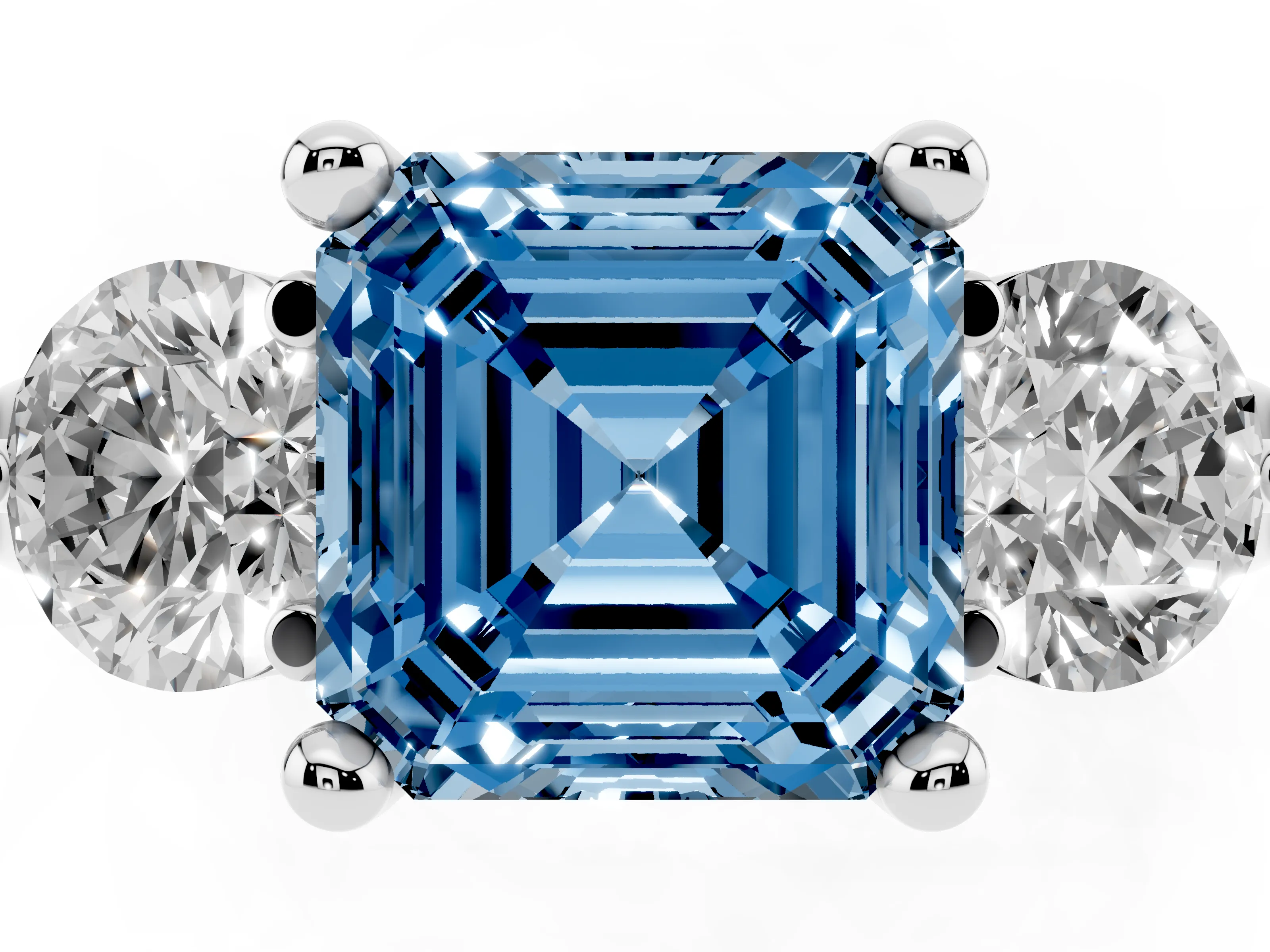Fancy Blue Asscher Cut Diamond Three-Stone Ring Set in Silver with Prong Setting and Classic Band
