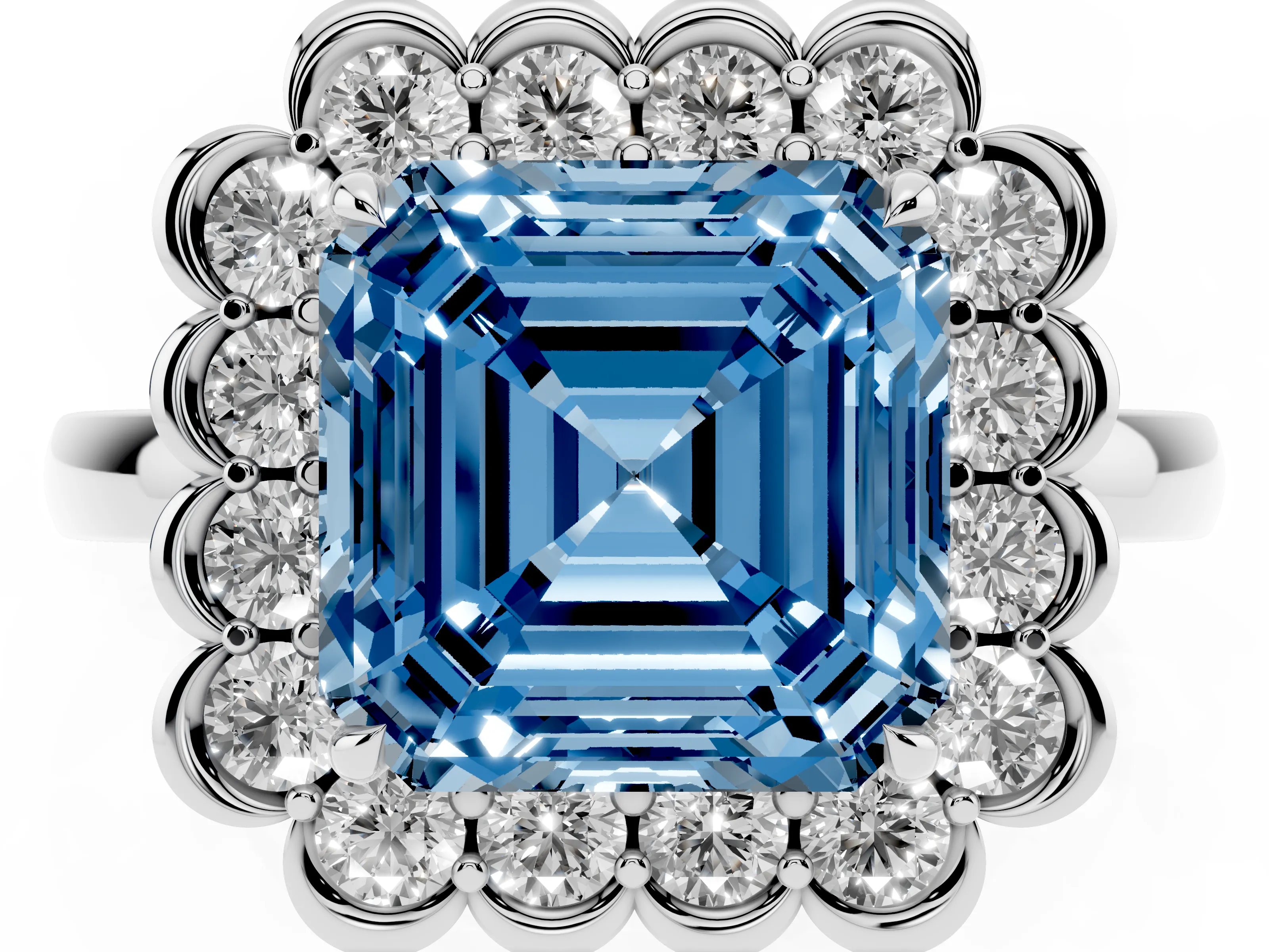 Fancy Blue Asscher Cut Diamond Halo Cluster Engagement Ring Set in White gold with Solitaire Band and Prong Setting