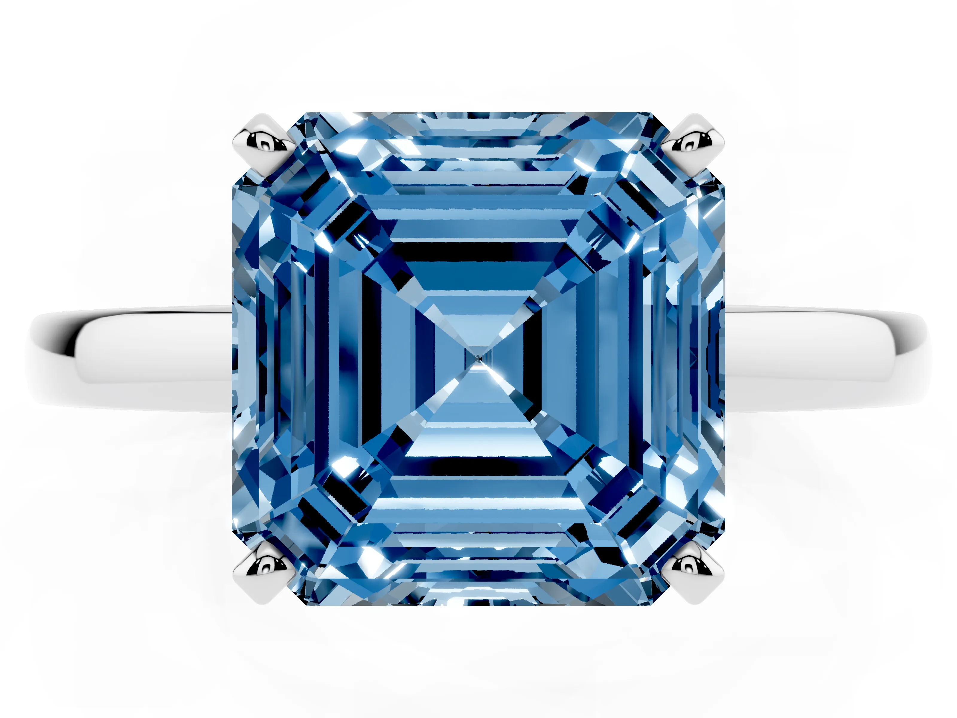 Fancy Blue Asscher Cut Diamond Solitaire Engagement Ring Set in White gold with Prong Setting on a Classic Band