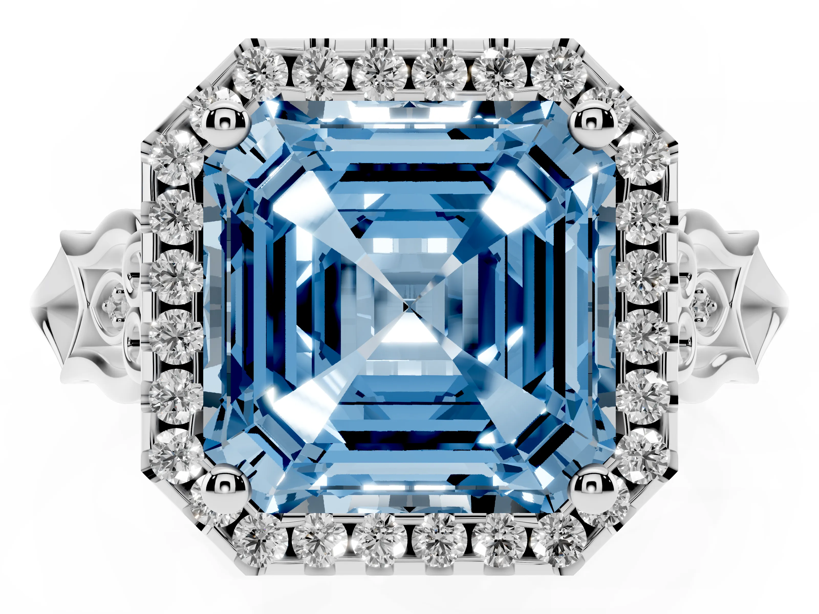 Fancy Blue Asscher Cut Diamond Halo Engagement Ring Set in Platinum with Filigree Band and Prong-Set Center