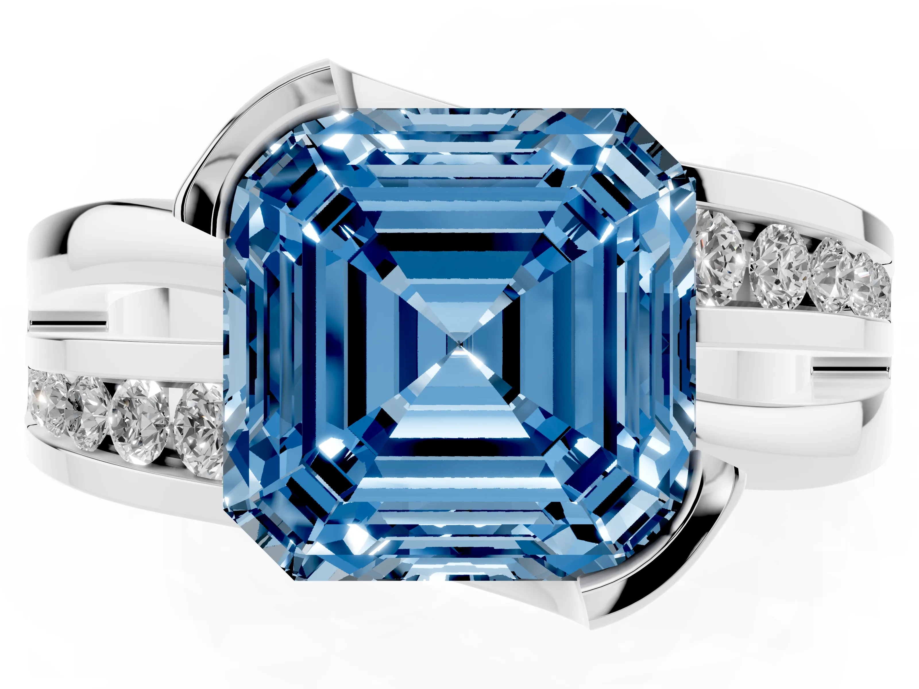 Fancy Blue Asscher Cut Diamond Solitaire Ring Set in White gold with Channel Set Split Shank and Tension Prongs