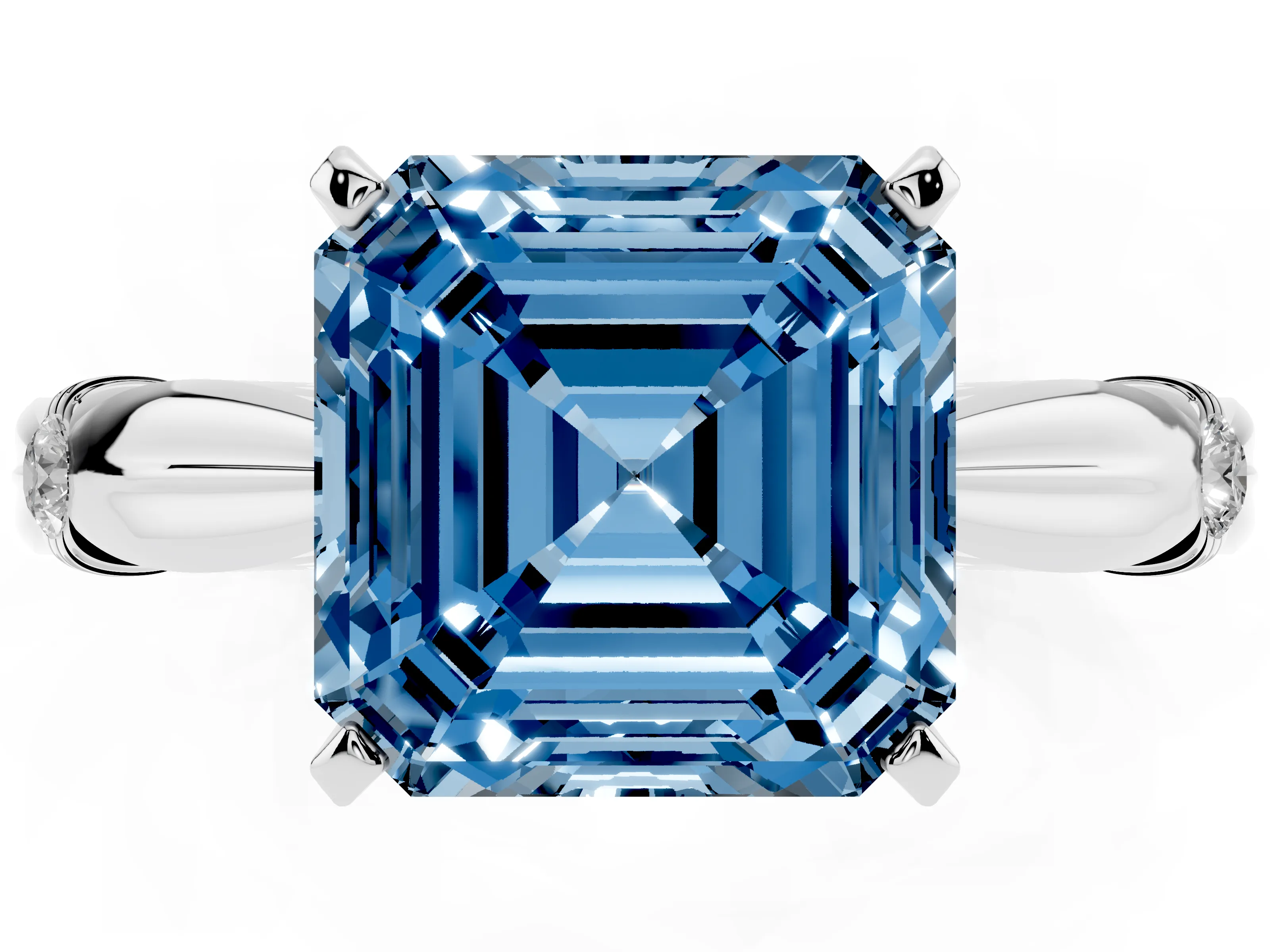 Fancy Blue Asscher Cut Diamond Solitaire Twisted Band Ring Set in Platinum with Accent Stones and Prong Setting