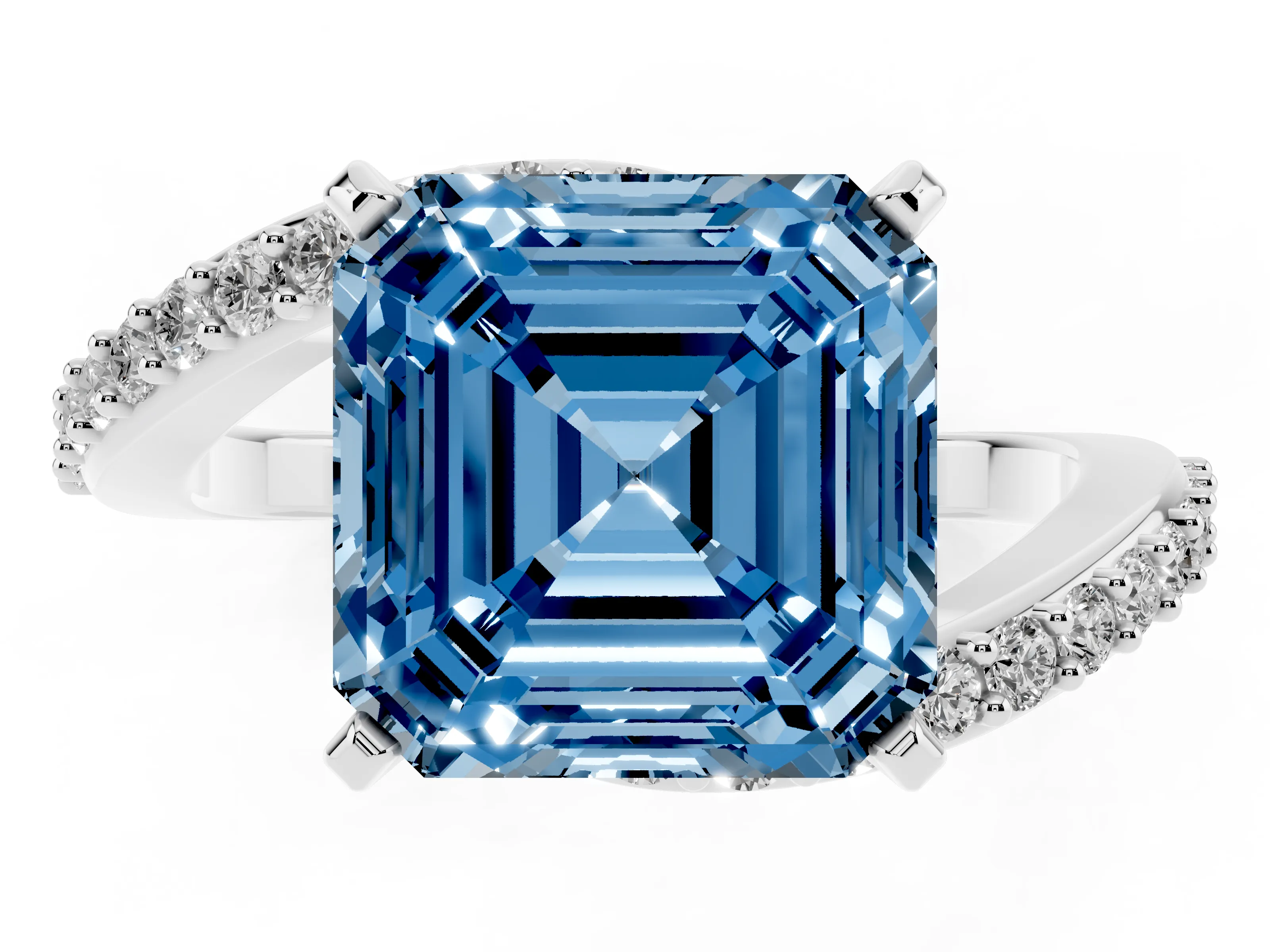 Fancy Blue Asscher Cut Diamond Solitaire Ring Set in White gold with Pavé Twist Band and Prong Setting