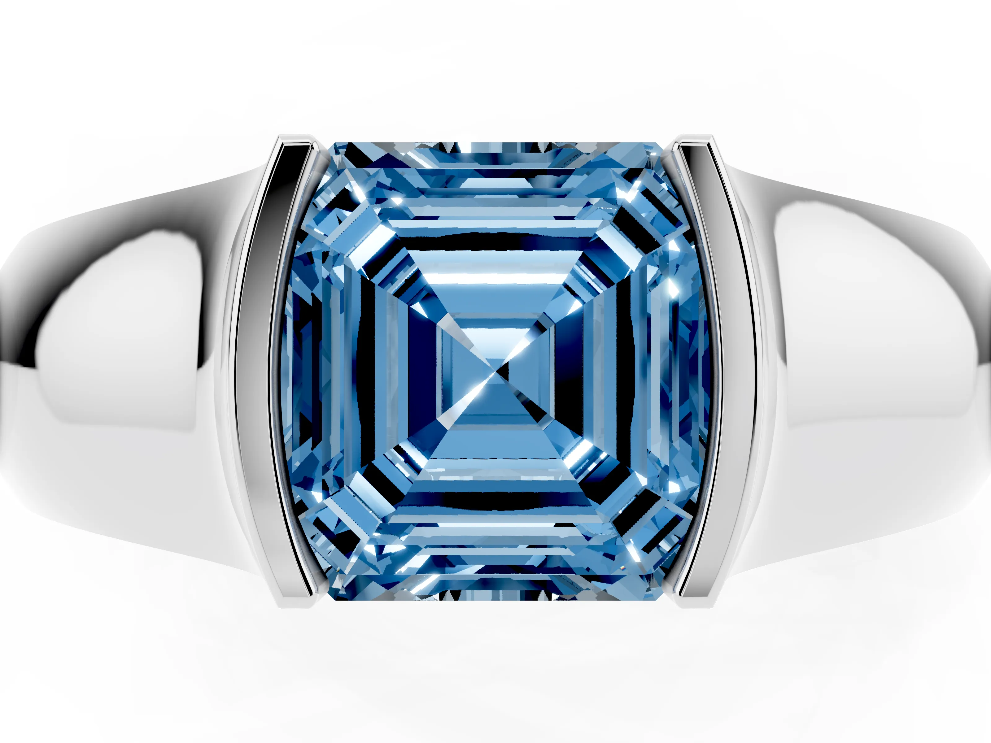 Fancy Blue Asscher Cut Diamond Bezel Solitaire Ring Set in White gold with Wide Band