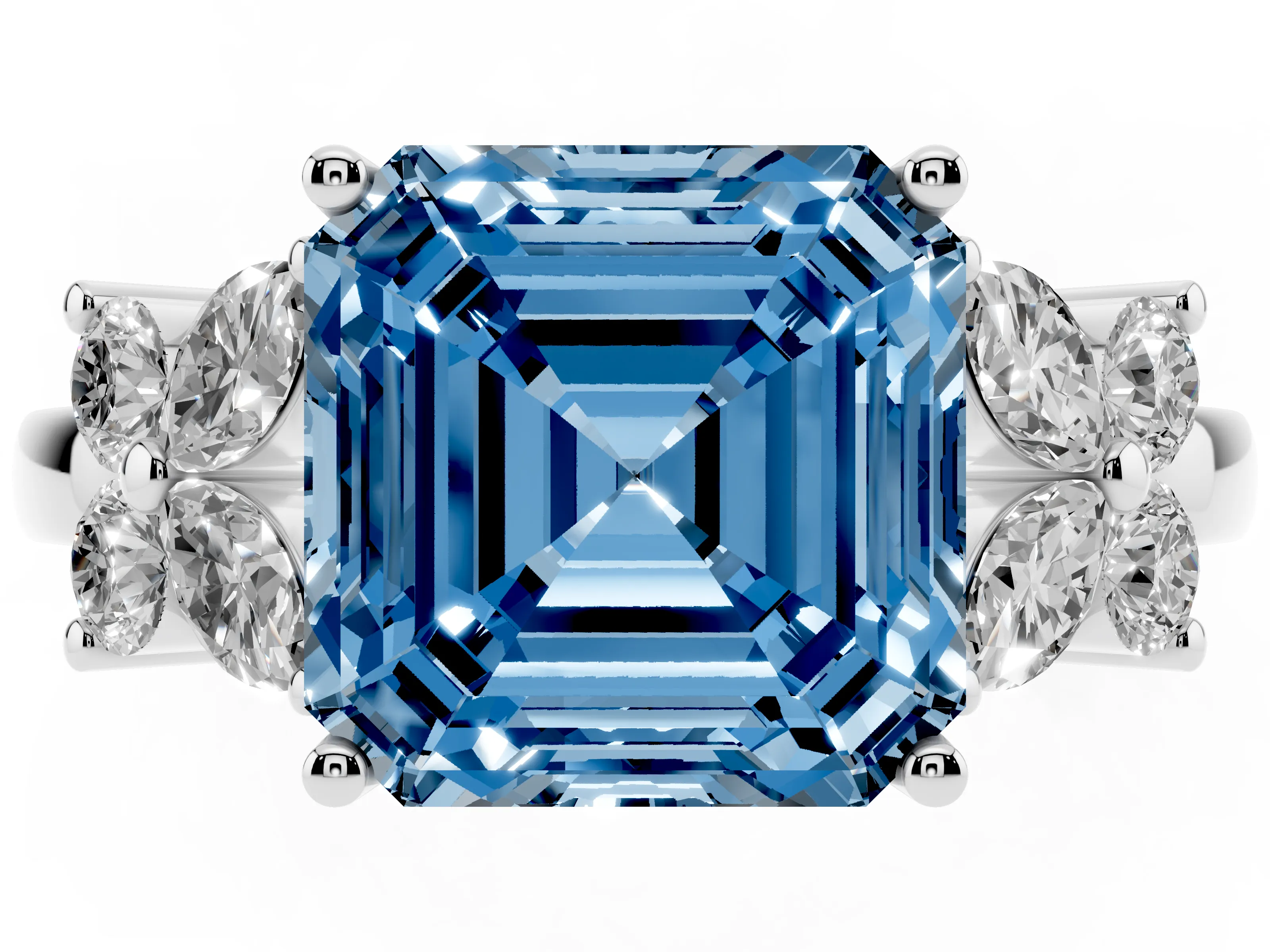 Fancy Blue Asscher Cut Diamond Floral Cluster Ring Set in Platinum with Marquise Petals and Prong Setting