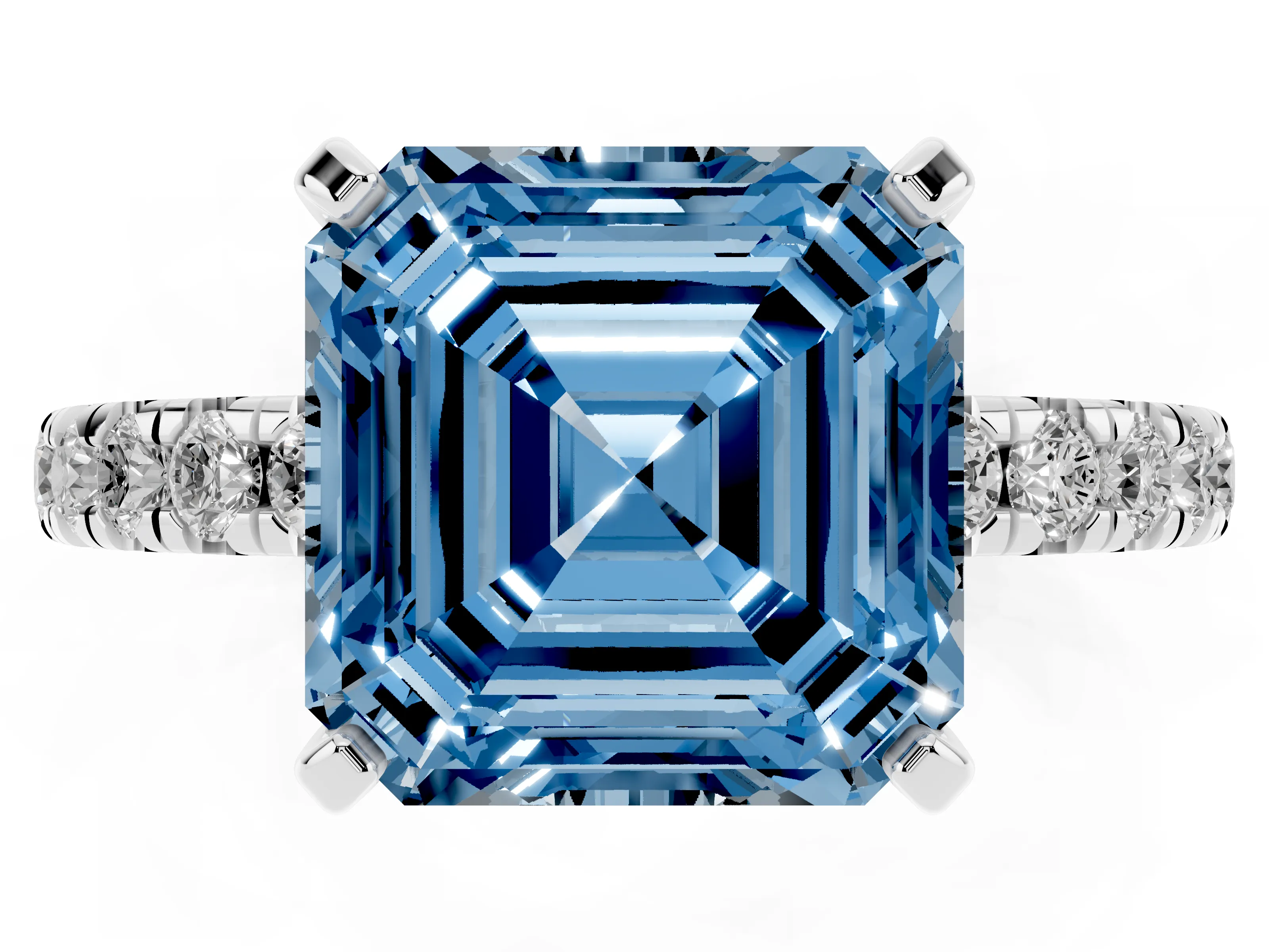 Fancy Blue Asscher Cut Diamond Pavé Solitaire Ring Set in Silver with Round Band and Prong Setting