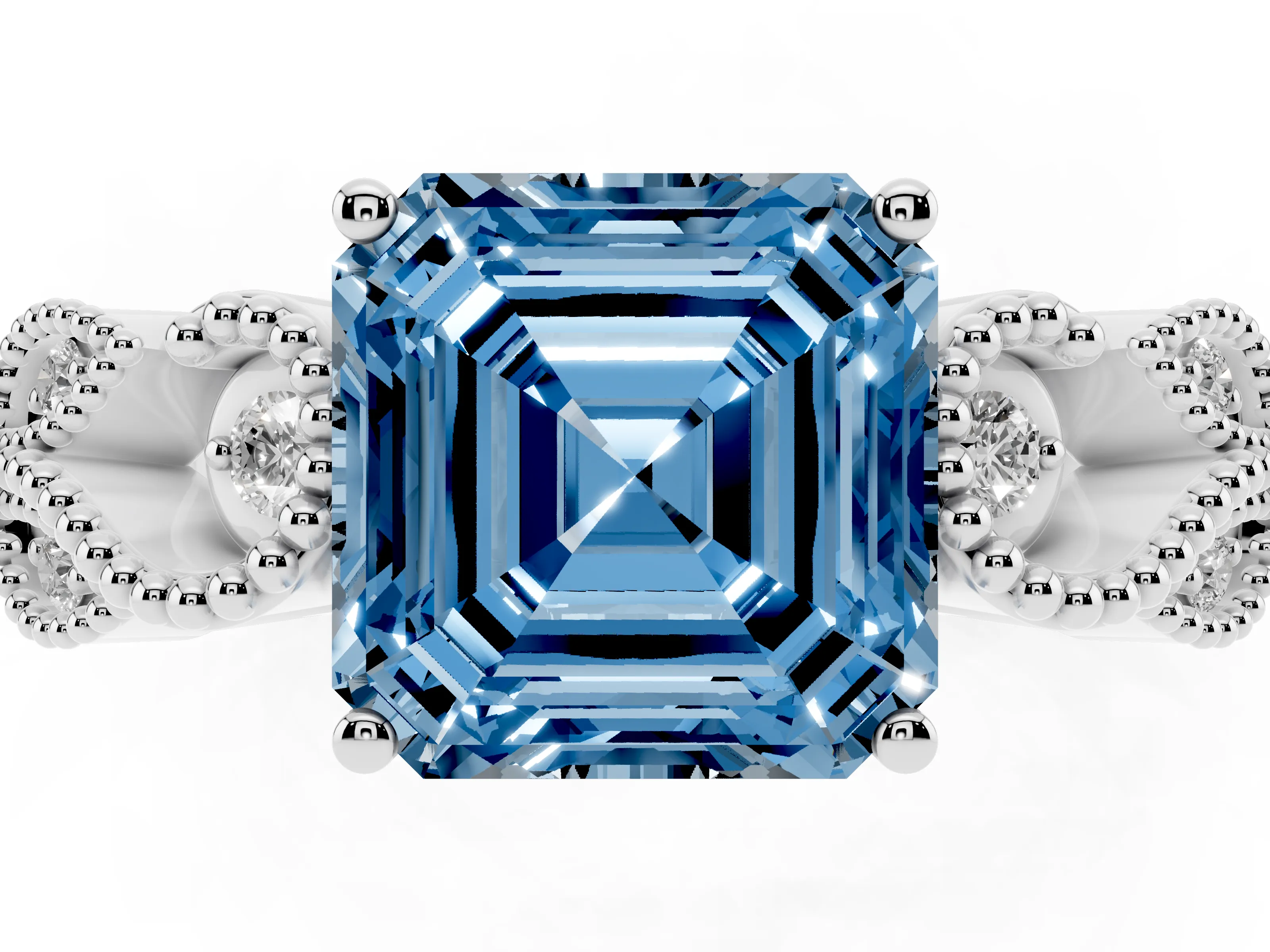 Fancy Blue Asscher Cut Diamond Milgrain Leaf Band Solitaire Ring Set in White gold with Accent Stones and Prong Setting
