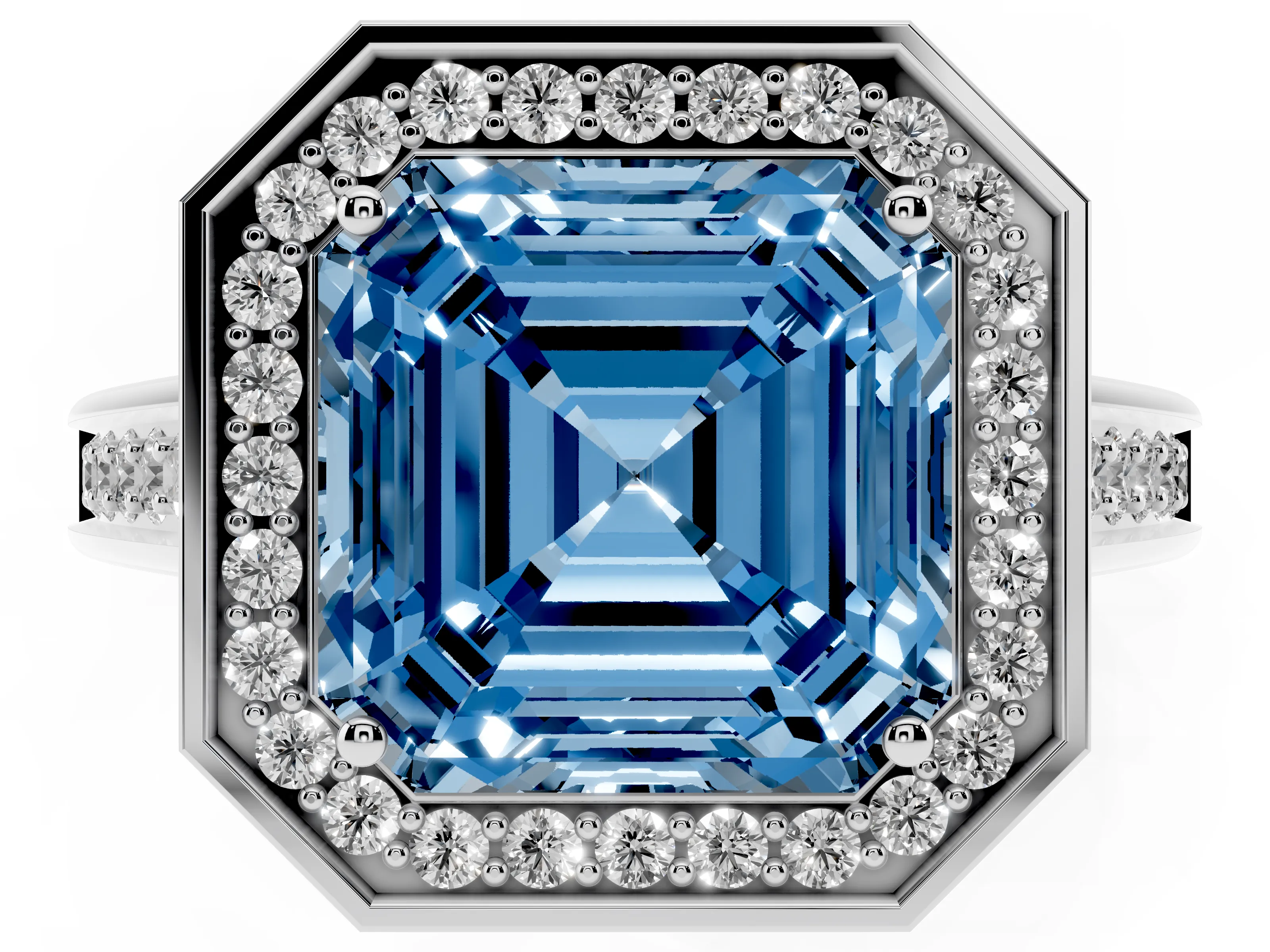 Fancy Blue Asscher Cut Diamond Halo Solitaire Ring Set in White gold with Pavé Band and Bezel Setting