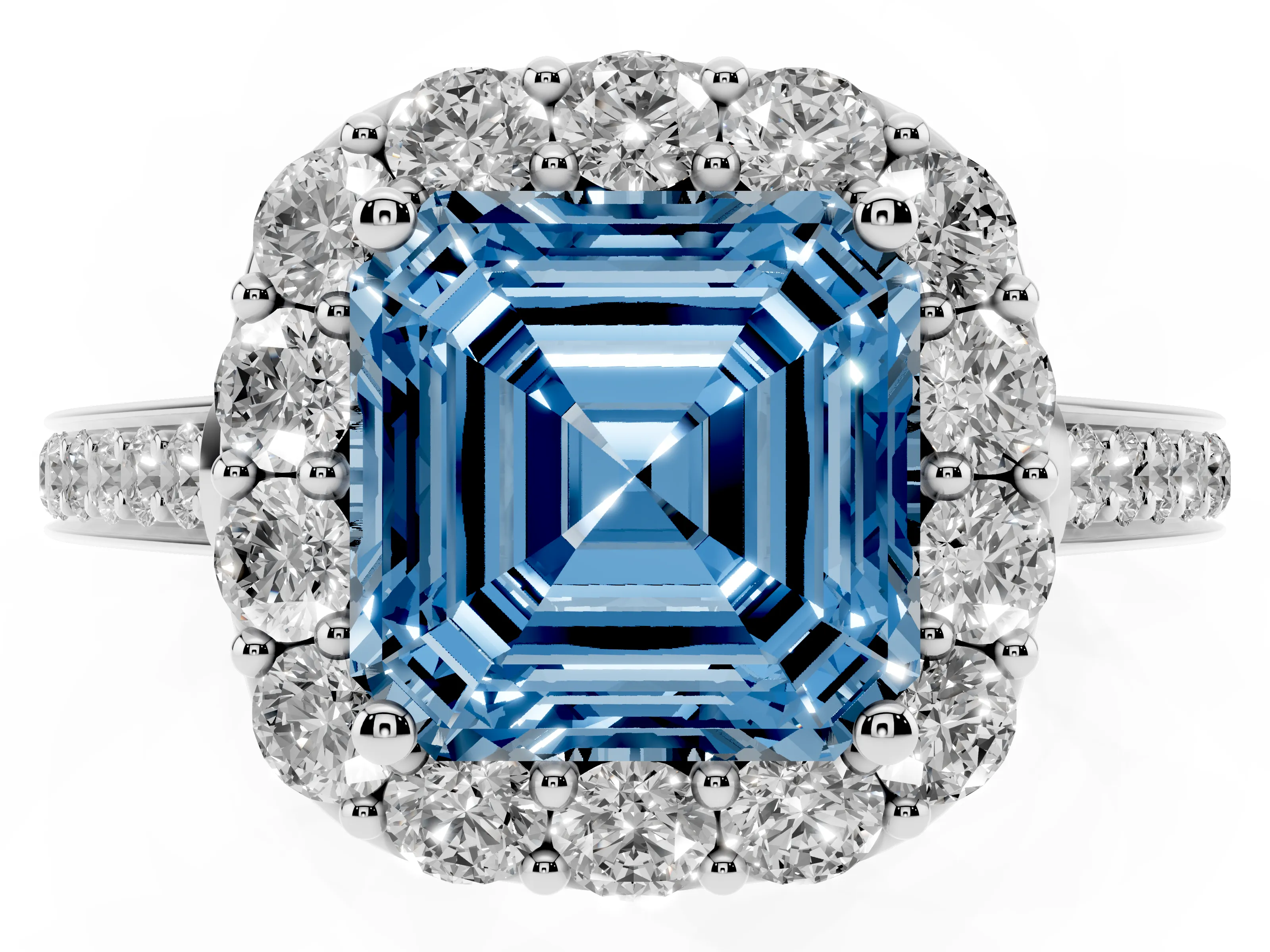 Fancy Blue Asscher Cut Diamond Floral Halo Ring Set in Silver with Pavé Band and Prong Setting