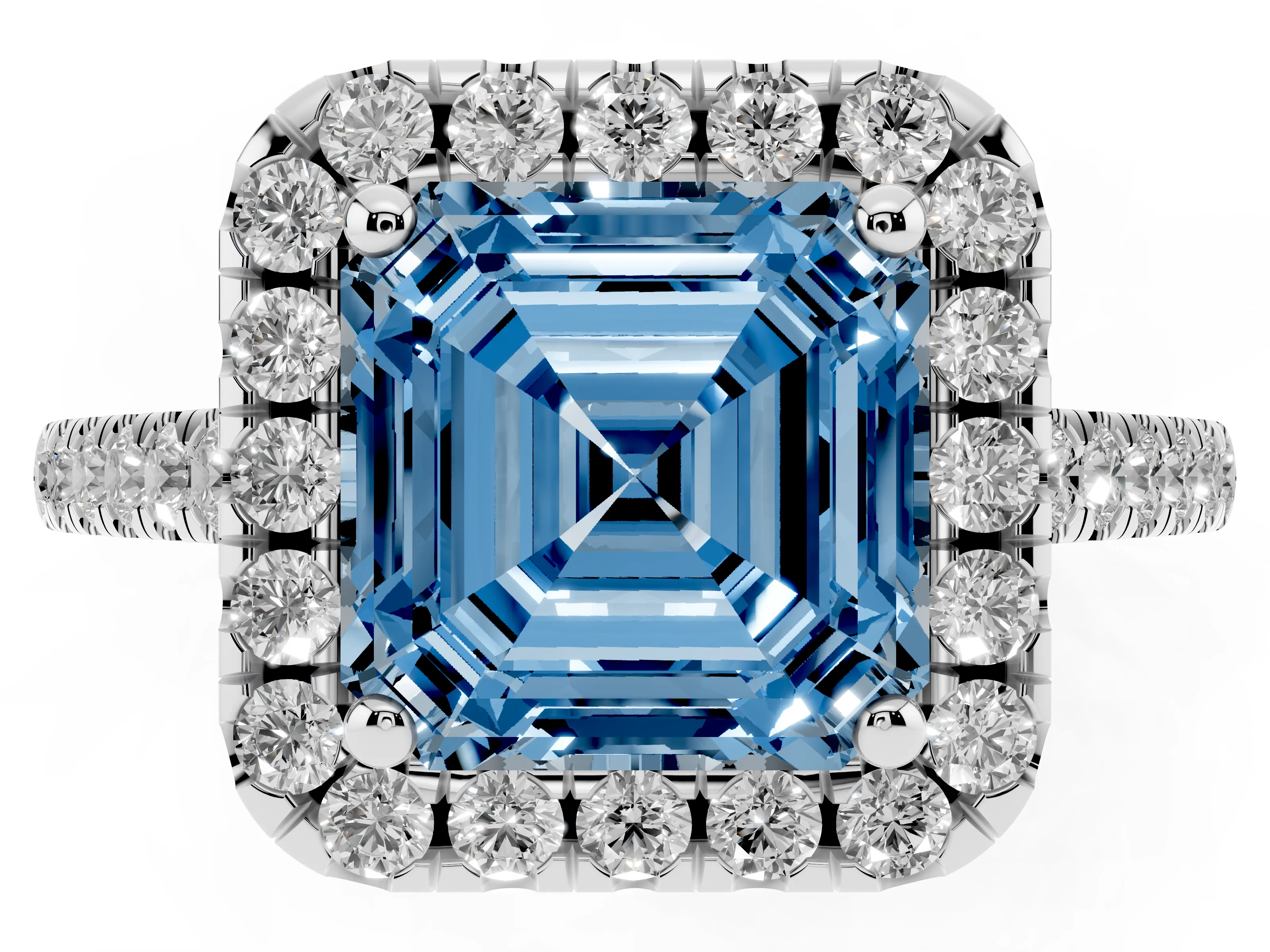 Fancy Blue Asscher Cut Diamond Pavé Halo Engagement Ring Set in White gold with Pavé Band and Prong Setting